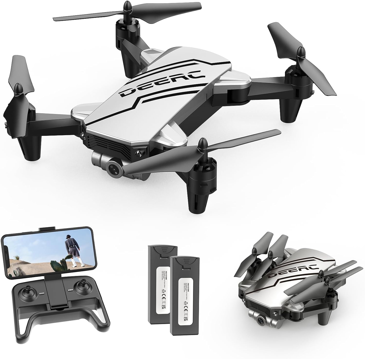 Mini-drone DEERC D20 pour enfants avec caméra FPV HD 720P, télécommande, jouets, cadeaux pour garçons et filles, avec maintien de l'altitude, mode sans tête, réglage de la vitesse de démarrage à une touche, retournement 3D, 2 piles, argent