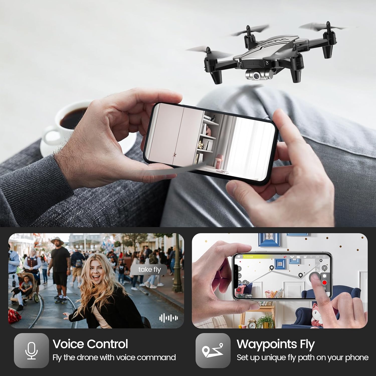 Mini-drone DEERC D20 pour enfants avec caméra FPV HD 720P, télécommande, jouets, cadeaux pour garçons et filles, avec maintien de l'altitude, mode sans tête, réglage de la vitesse de démarrage à une touche, retournement 3D, 2 piles, argent