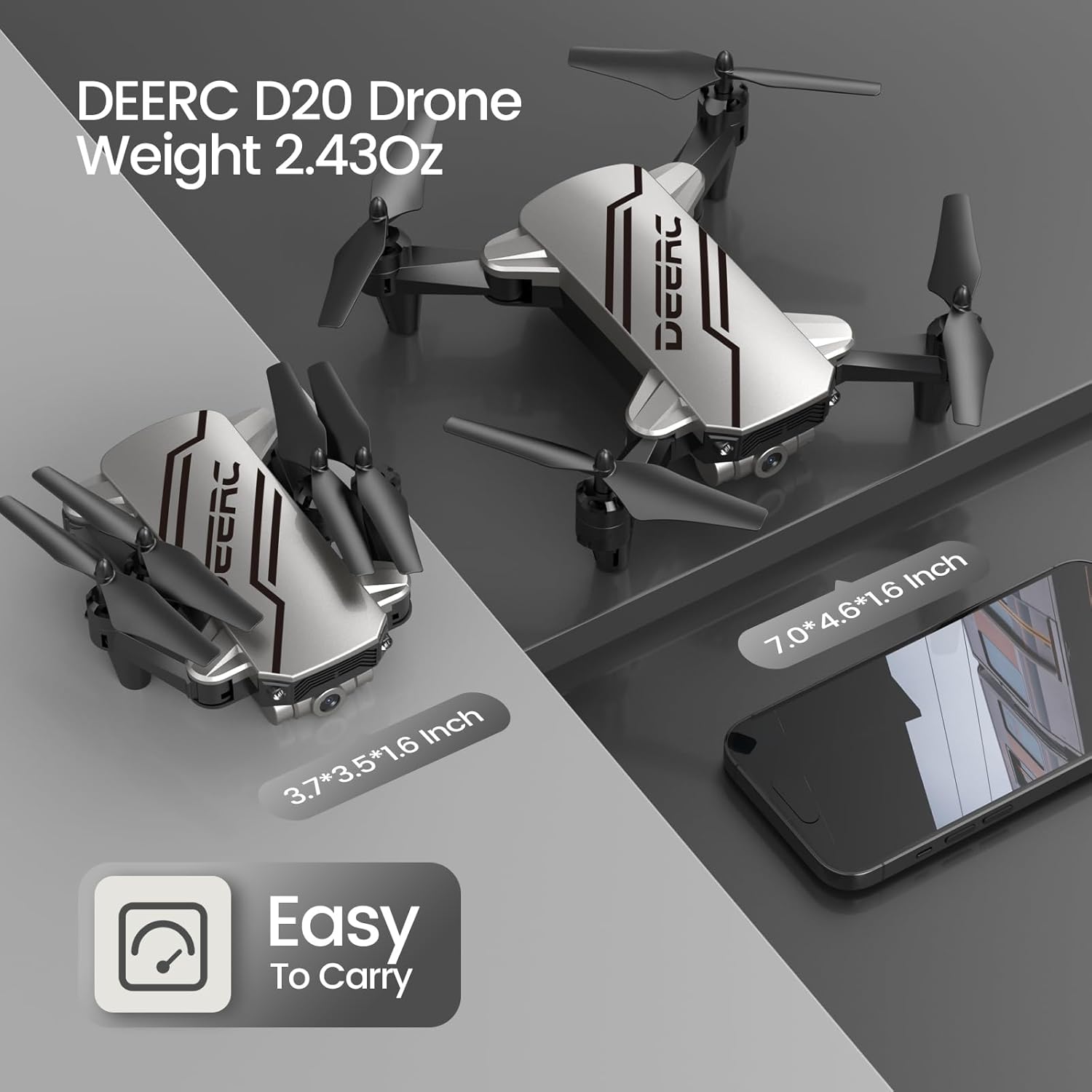 Mini-drone DEERC D20 pour enfants avec caméra FPV HD 720P, télécommande, jouets, cadeaux pour garçons et filles, avec maintien de l'altitude, mode sans tête, réglage de la vitesse de démarrage à une touche, retournement 3D, 2 piles, argent