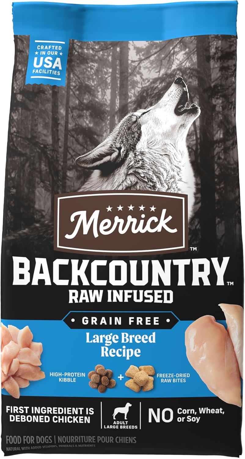 Alimento seco para perros adultos Merrick Backcountry, sin cereales, croquetas con trozos crudos liofilizados, receta para razas grandes, bolsa de 20 libras