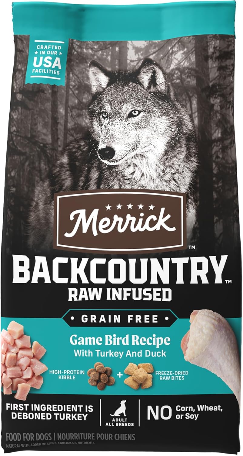 طعام الكلاب البالغة الجاف الخالي من الحبوب من Merrick Backcountry، مع قطع خام مجففة بالتجميد، وصفة خاصة بالطيور البرية - كيس 4.0 رطل