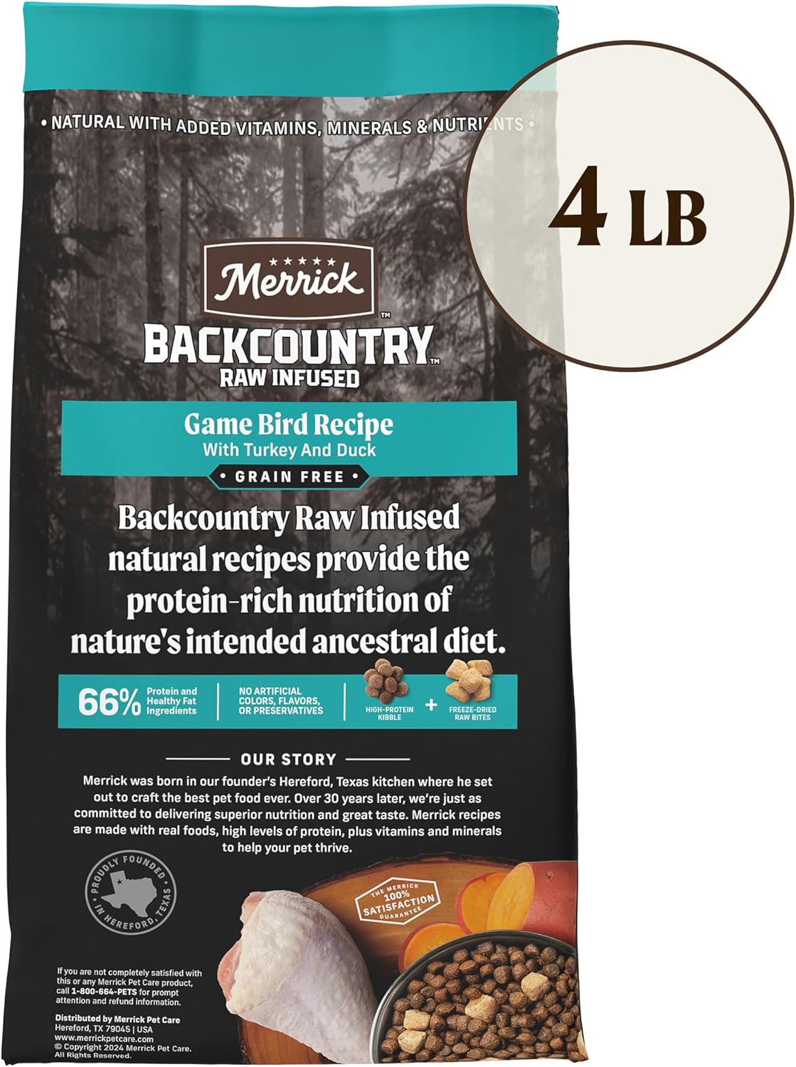 طعام الكلاب البالغة الجاف الخالي من الحبوب من Merrick Backcountry، مع قطع خام مجففة بالتجميد، وصفة خاصة بالطيور البرية - كيس 4.0 رطل