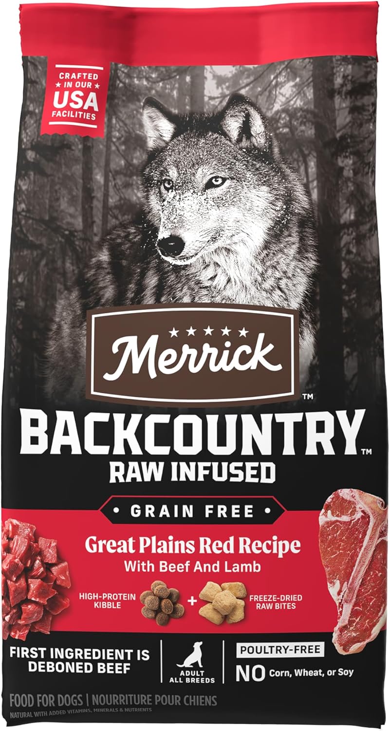 Croquettes sèches Merrick Backcountry Grain Free pour chiens adultes avec morceaux crus lyophilisés, recette Great Plains Red, sac de 4 livres