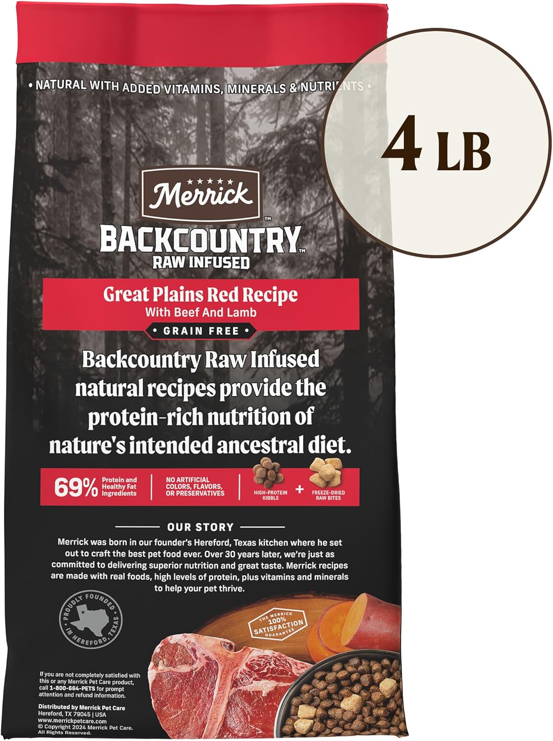 Merrick Backcountry Sucha karma dla dorosłych bez zboża z liofilizowanymi surowymi kawałkami, przepis Great Plains Red - torba 4,0 funta