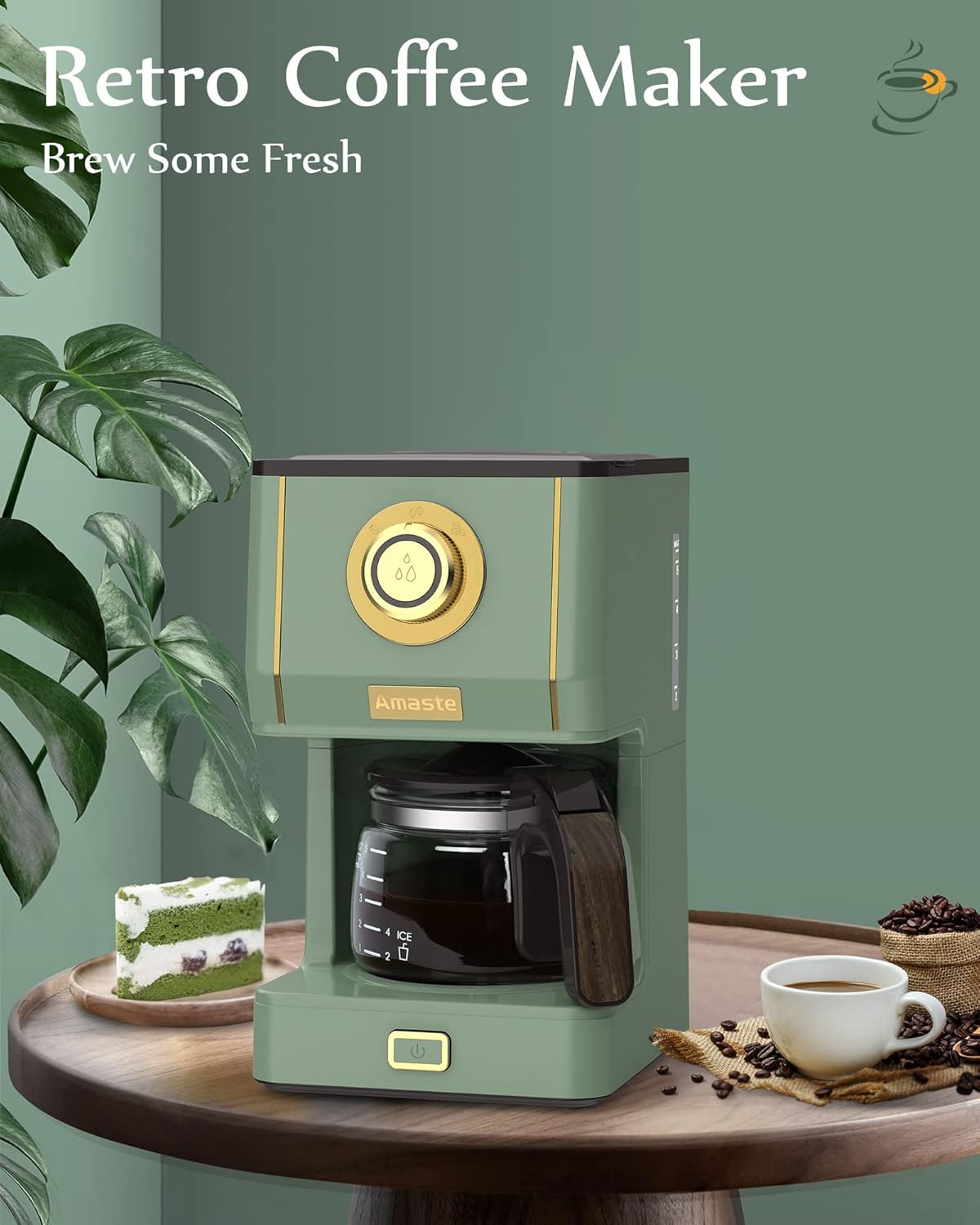 AMASTE Drip Coffee Maker, Coffee Machine with 25 Oz Glass Coffee Pot, Retro Style Coffee Maker with Reusable Coffee Filter  Three Brewing Modes, 30minute-Warm-Keeping, Matcha Green · v2