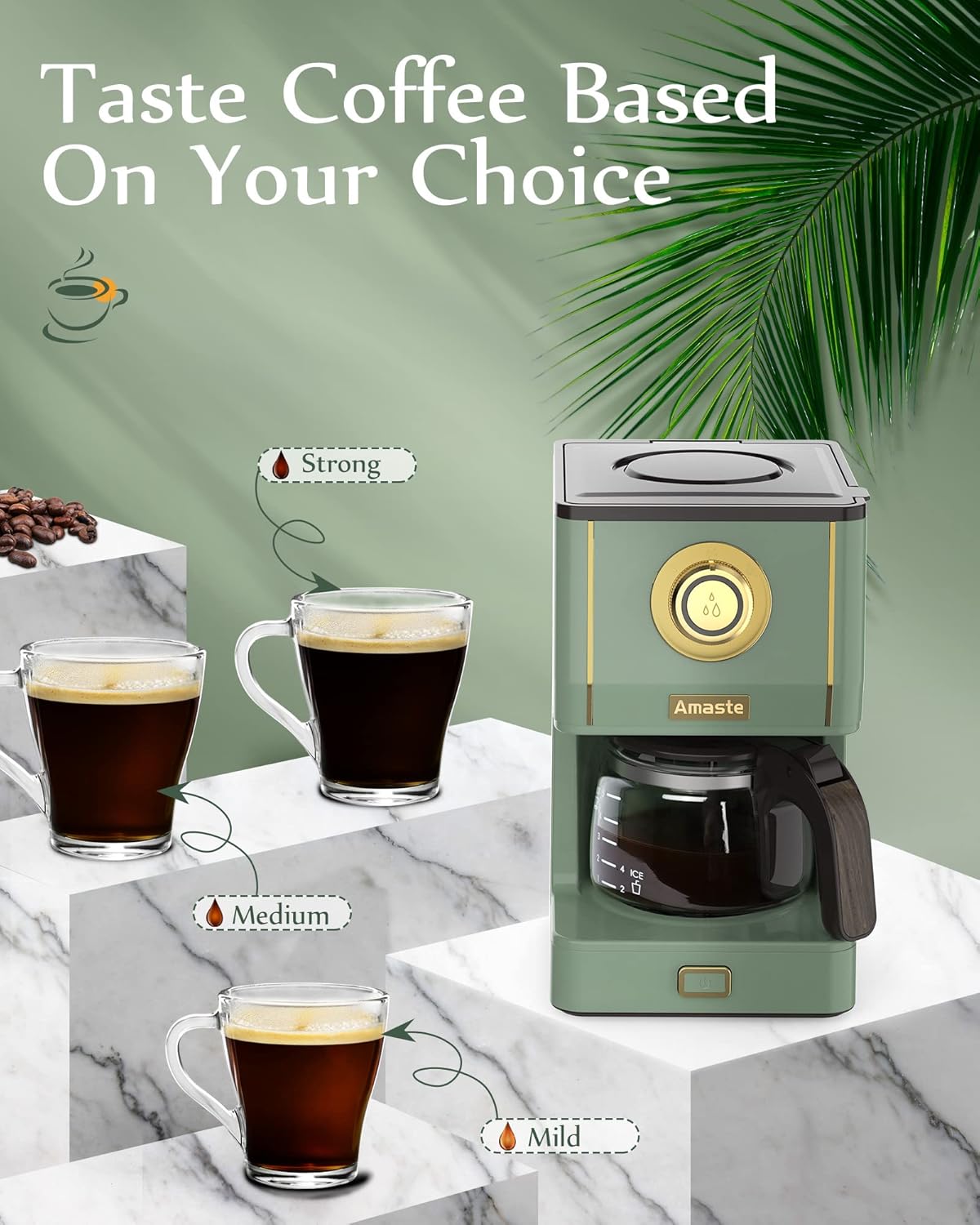 AMASTE Drip Coffee Maker, Coffee Machine with 25 Oz Glass Coffee Pot, Retro Style Coffee Maker with Reusable Coffee Filter  Three Brewing Modes, 30minute-Warm-Keeping, Matcha Green · v2