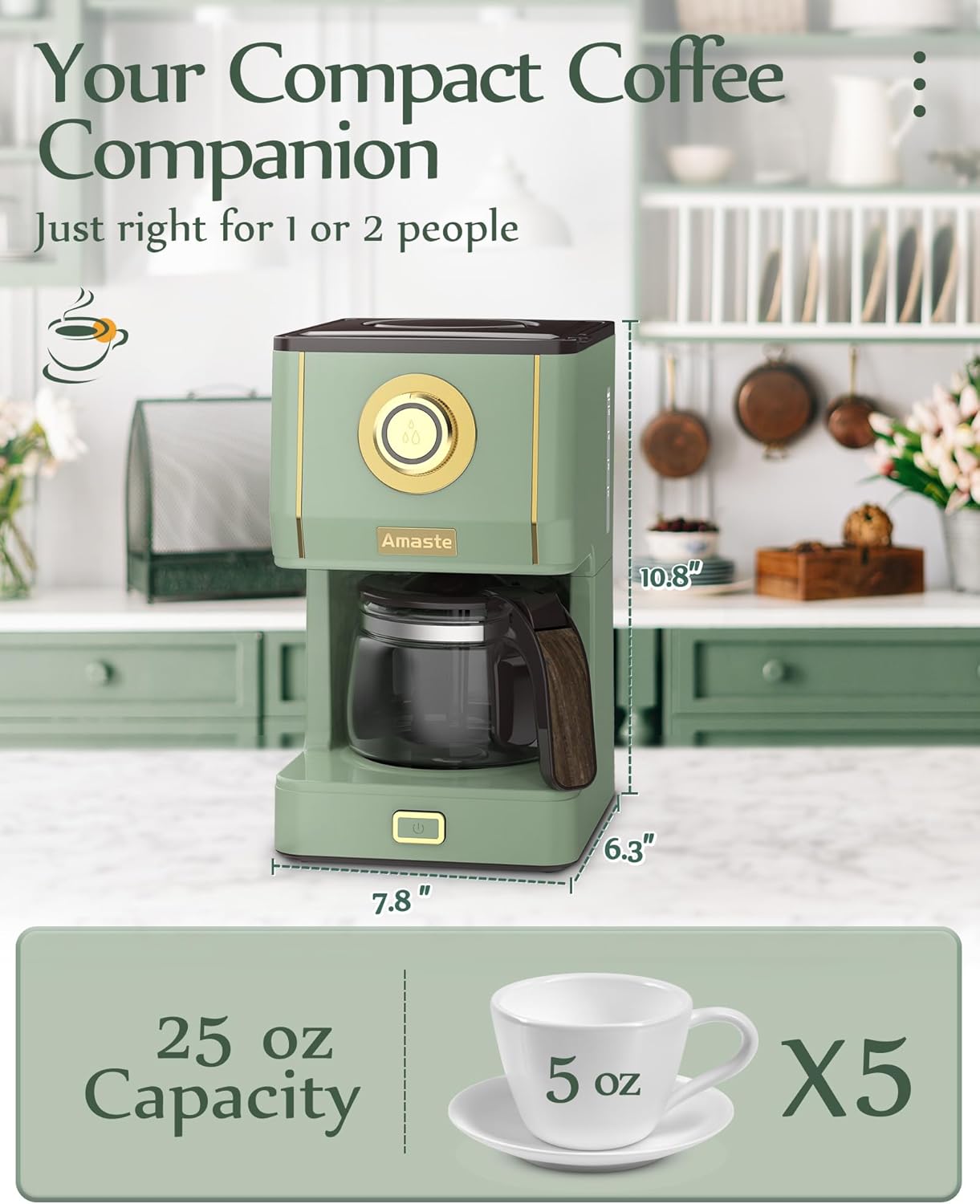 AMASTE Drip Coffee Maker, Coffee Machine with 25 Oz Glass Coffee Pot, Retro Style Coffee Maker with Reusable Coffee Filter  Three Brewing Modes, 30minute-Warm-Keeping, Matcha Green · v2