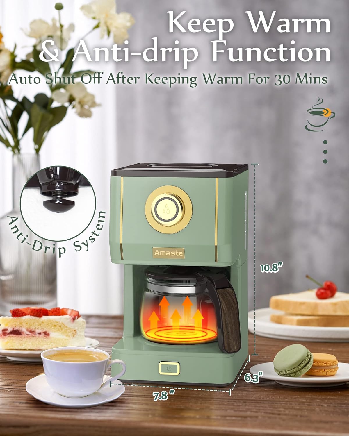 AMASTE Drip Coffee Maker, Coffee Machine with 25 Oz Glass Coffee Pot, Retro Style Coffee Maker with Reusable Coffee Filter  Three Brewing Modes, 30minute-Warm-Keeping, Matcha Green · v2