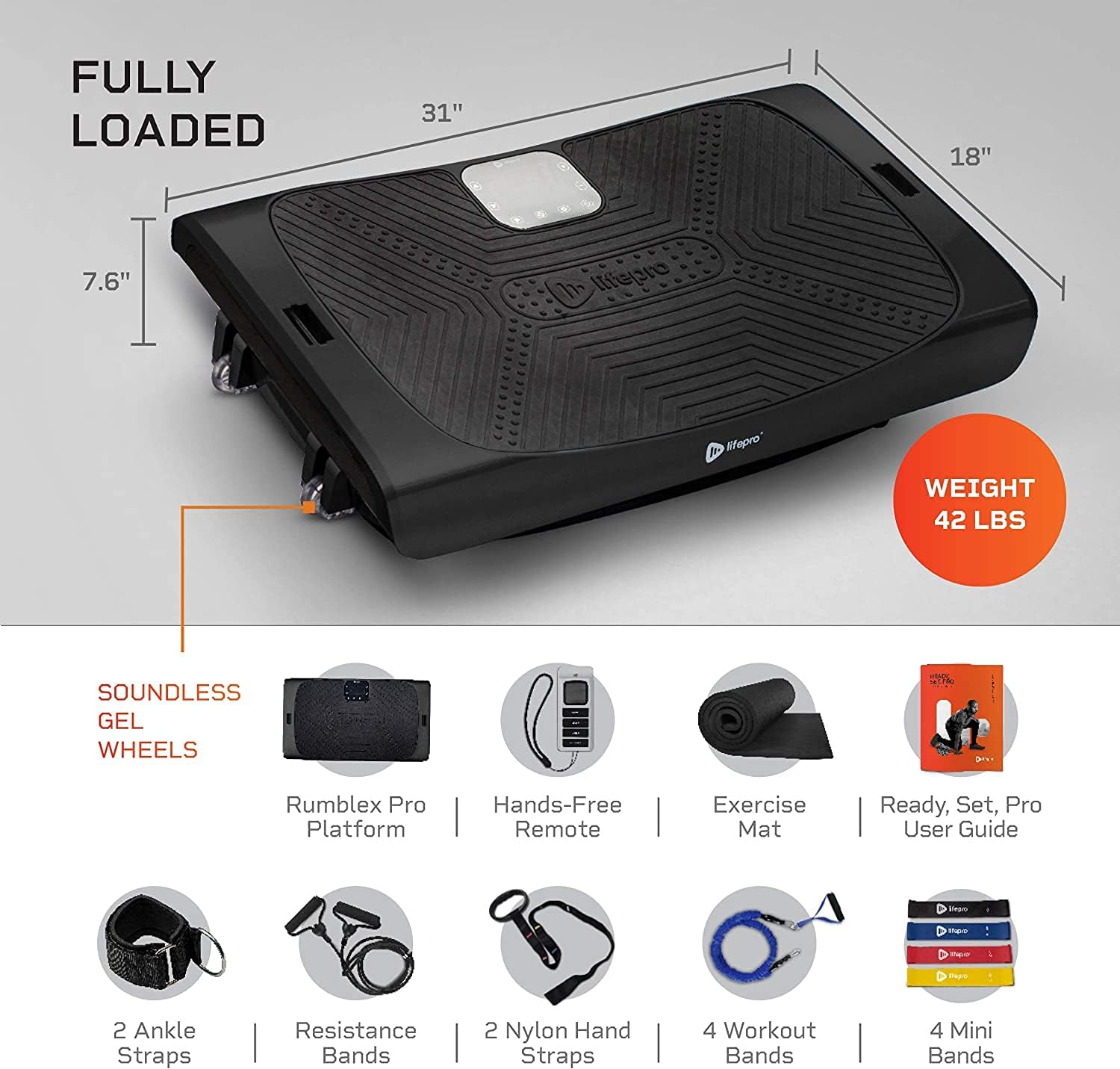 LifePro Rumblex 4D Pro Vibration Plate - Whole Body Vibration Platform Exercise Machine - Home Workout Equipment for Weight Loss, Toning  Wellness - Full Bundle of Bands, Straps amp; Accessories