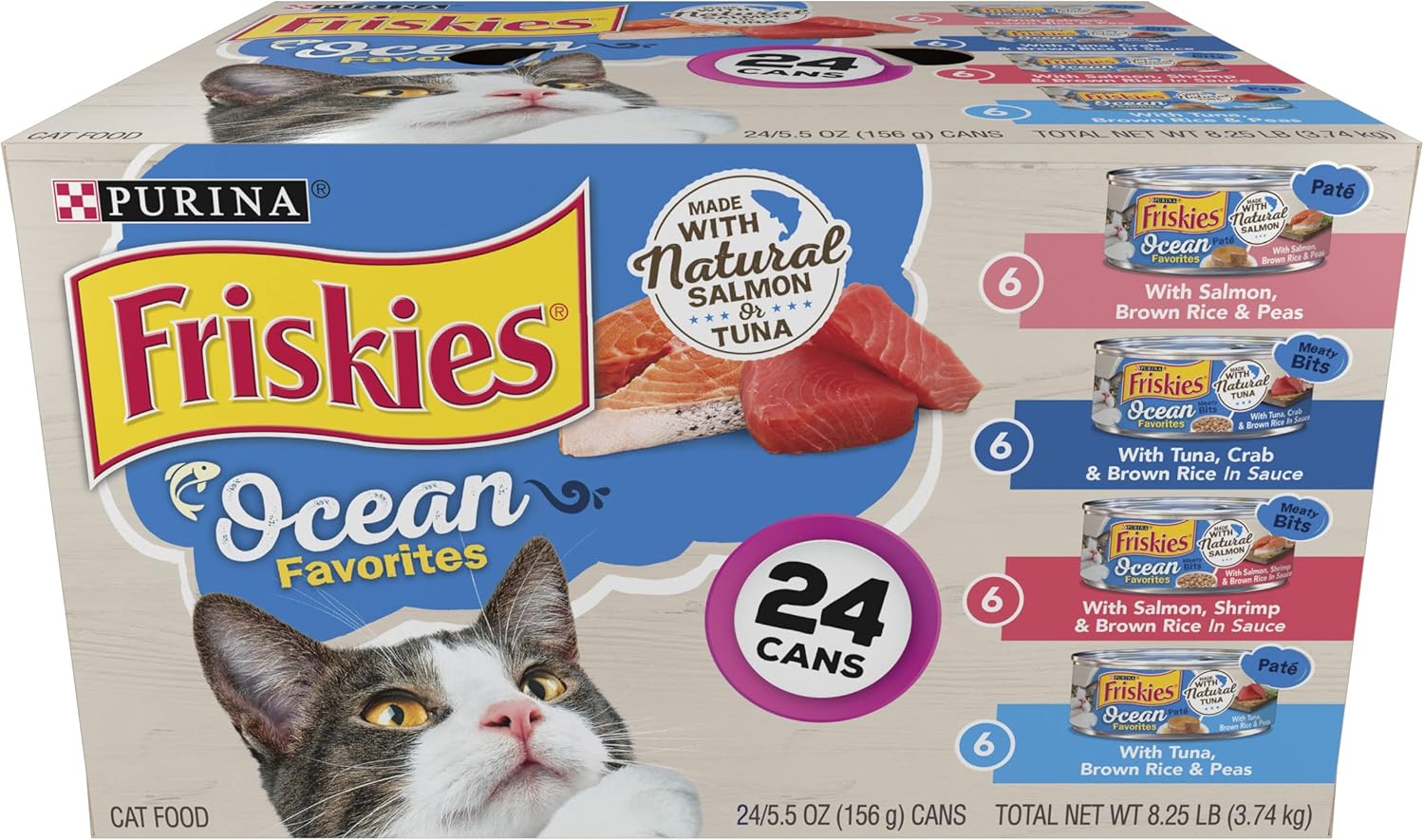 Purina Friskies Ocean Favorites, patè di cibo umido per gatti e pezzetti di carne, con salmone e tonno - (confezione da 24), lattine da 5,5 once