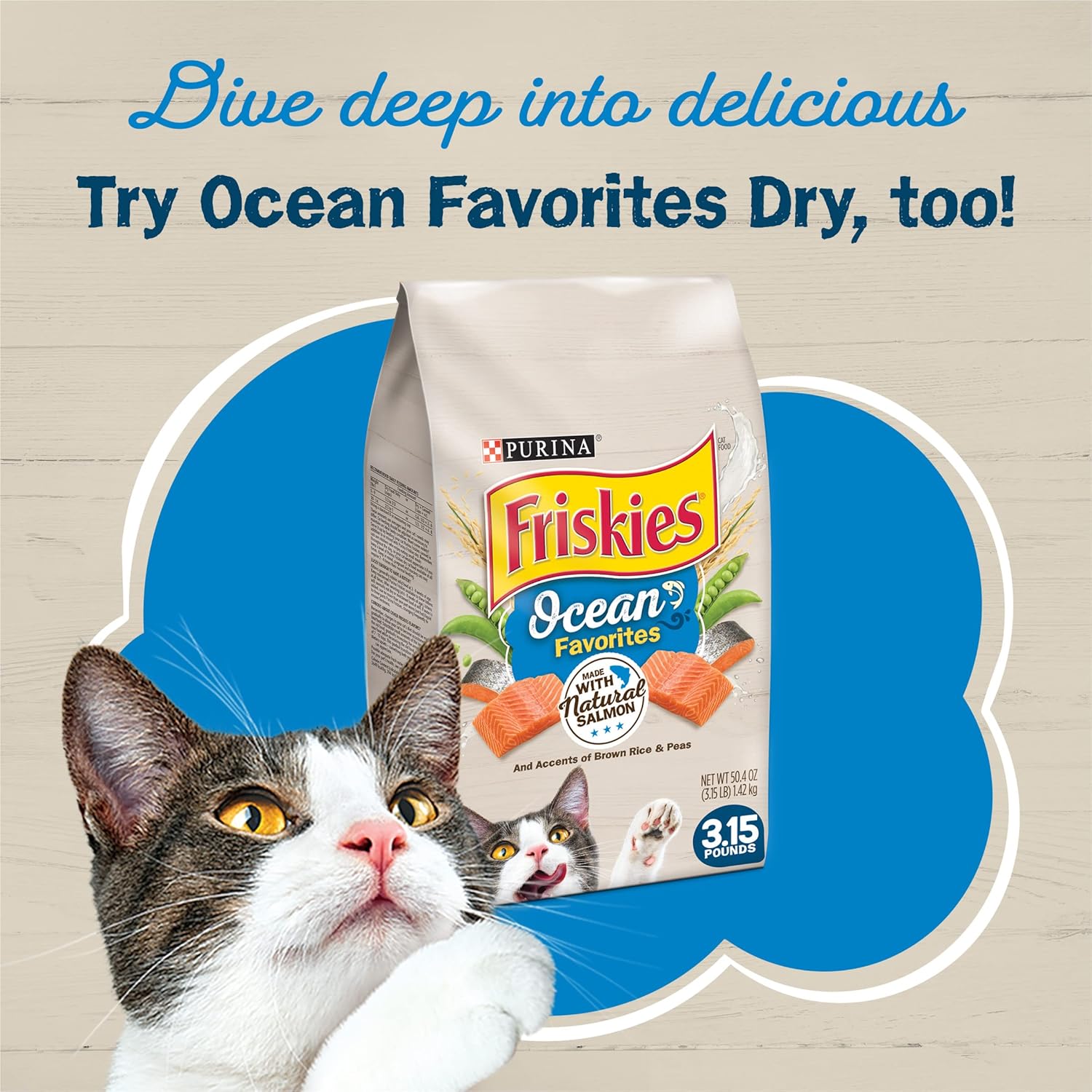 Purina Friskies Ocean Favorites, patè di cibo umido per gatti e pezzetti di carne, con salmone e tonno - (confezione da 24), lattine da 5,5 once