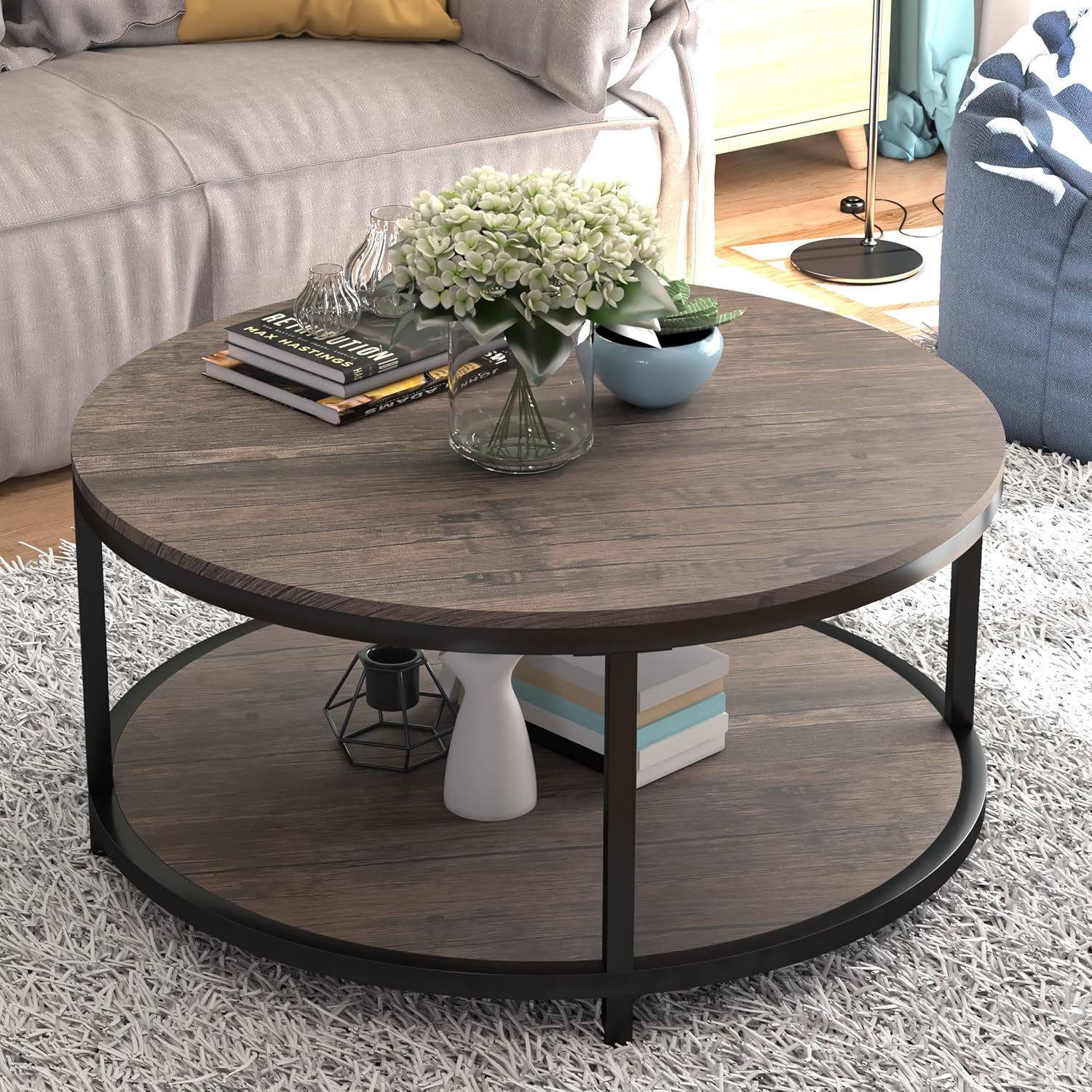 Tavolino da caffè rotondo NSDirect, 36 tavolino da caffè per soggiorno, scrivania rustica in legno a 2 livelli con ripiano portaoggetti Mobili per la casa dal design moderno (noce chiaro)