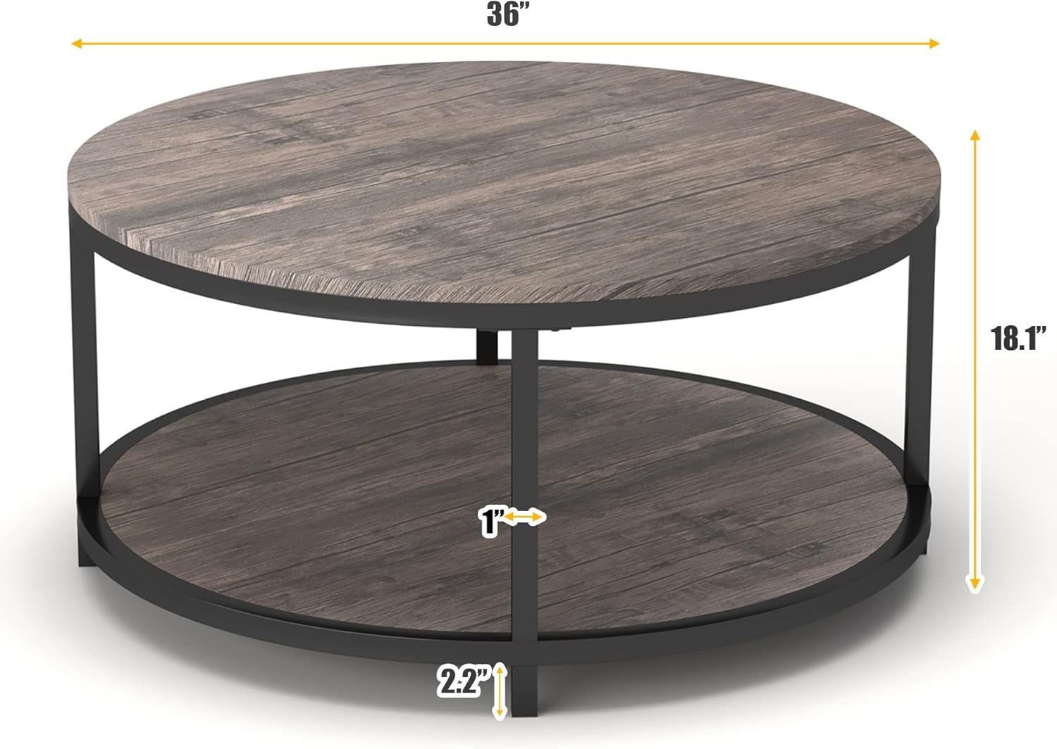 Tavolino da caffè rotondo NSDirect, 36 tavolino da caffè per soggiorno, scrivania rustica in legno a 2 livelli con ripiano portaoggetti Mobili per la casa dal design moderno (noce chiaro)