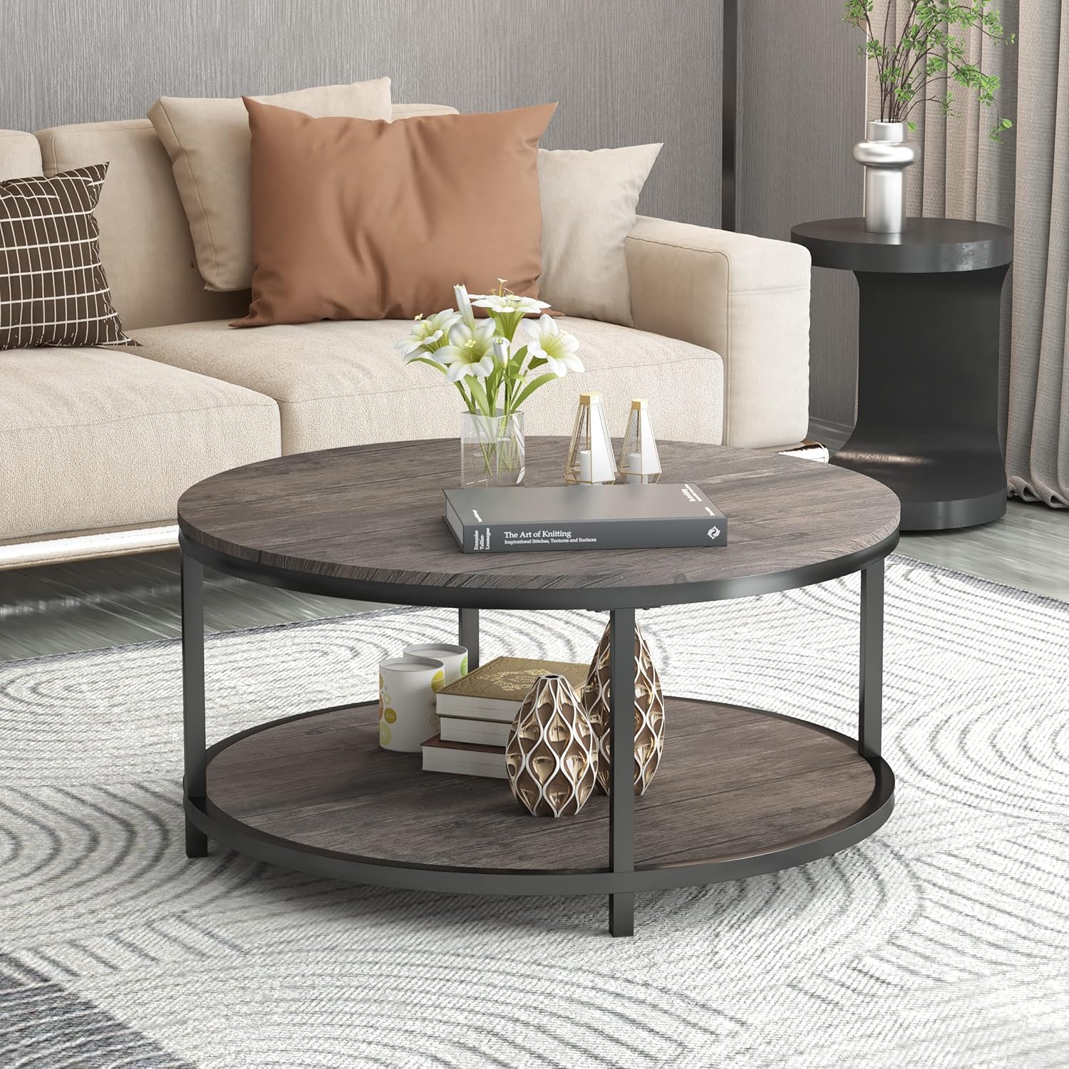 Tavolino da caffè rotondo NSDirect, 36 tavolino da caffè per soggiorno, scrivania rustica in legno a 2 livelli con ripiano portaoggetti Mobili per la casa dal design moderno (noce chiaro)
