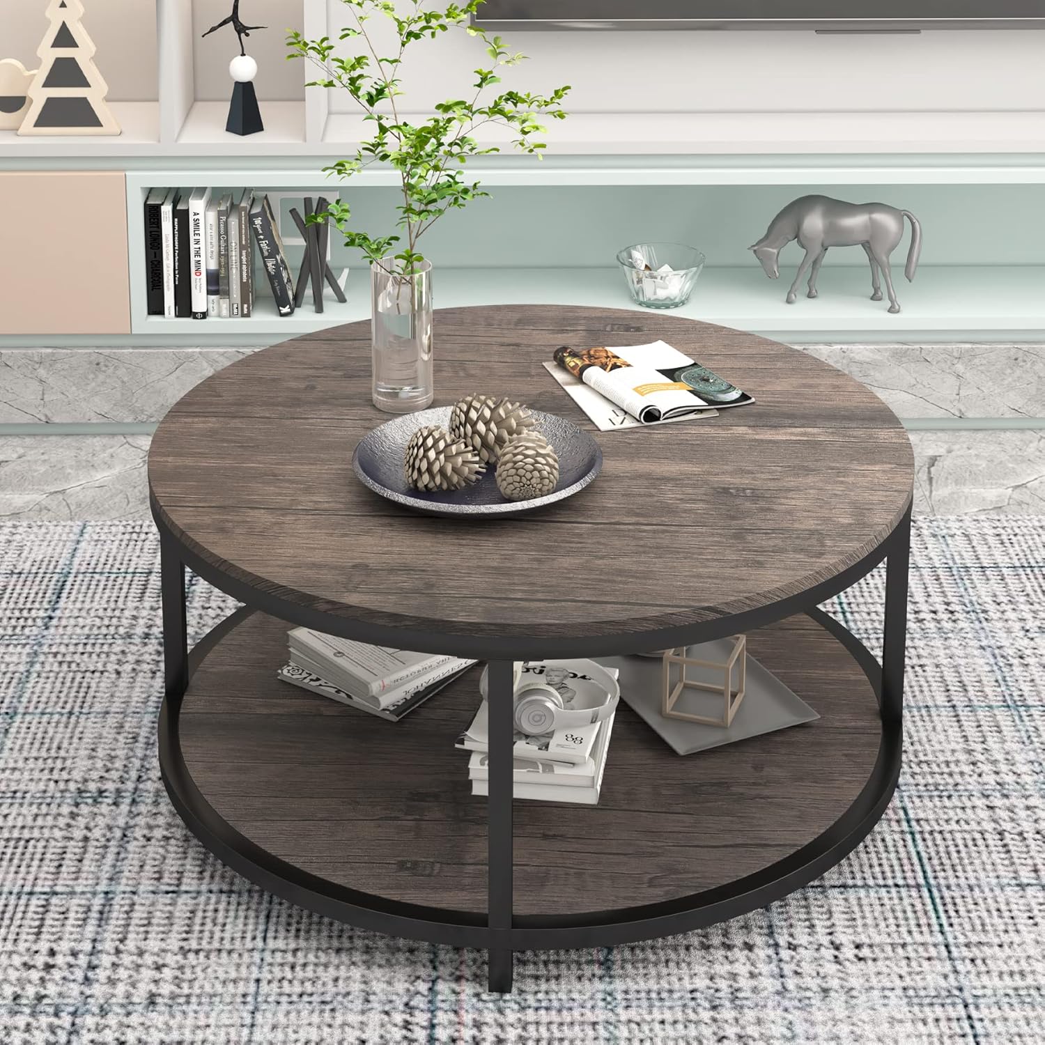 Tavolino da caffè rotondo NSDirect, 36 tavolino da caffè per soggiorno, scrivania rustica in legno a 2 livelli con ripiano portaoggetti Mobili per la casa dal design moderno (noce chiaro)