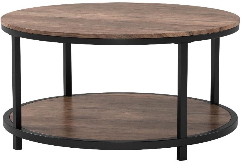 Tavolino da caffè rotondo NSDirect, 36 tavolino da caffè per soggiorno, scrivania rustica in legno a 2 livelli con ripiano portaoggetti Mobili per la casa dal design moderno (noce chiaro)