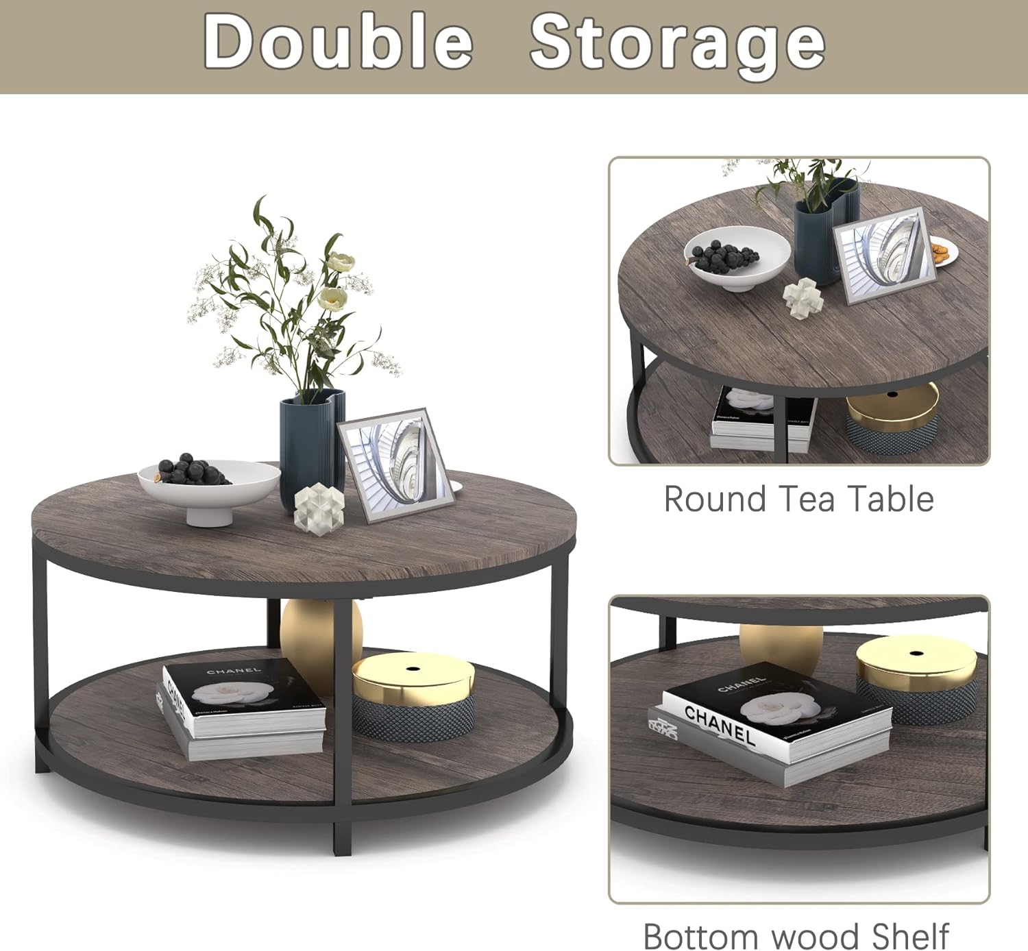 Tavolino da caffè rotondo NSDirect, 36 tavolino da caffè per soggiorno, scrivania rustica in legno a 2 livelli con ripiano portaoggetti Mobili per la casa dal design moderno (noce chiaro)