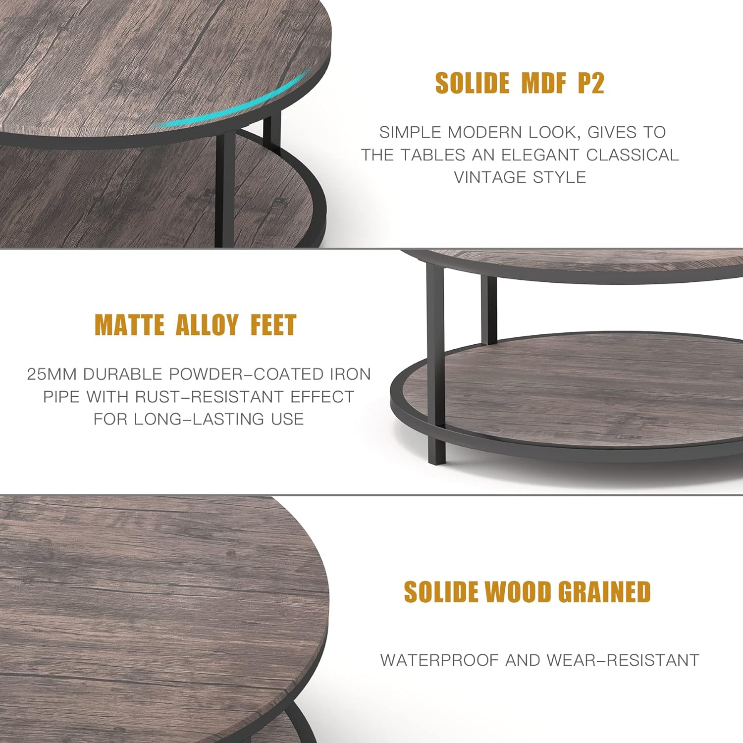 Tavolino da caffè rotondo NSDirect, 36 tavolino da caffè per soggiorno, scrivania rustica in legno a 2 livelli con ripiano portaoggetti Mobili per la casa dal design moderno (noce chiaro)