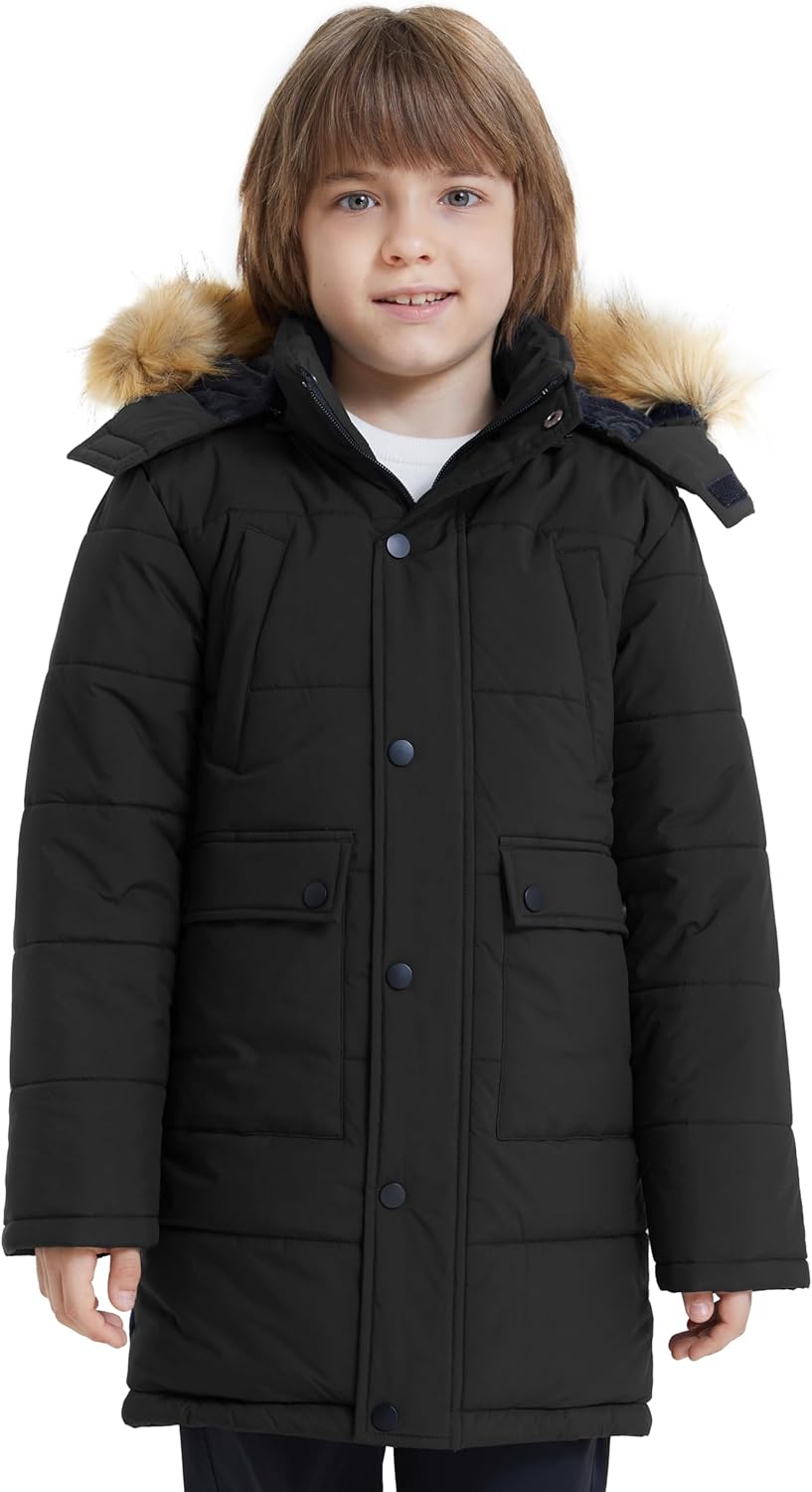 wantdo Jaket Musim Dingin Anak Laki-laki Jaket Panjang Puffer Parka Hangat dengan Tudung Bulu Palsu yang Dapat Dilepas