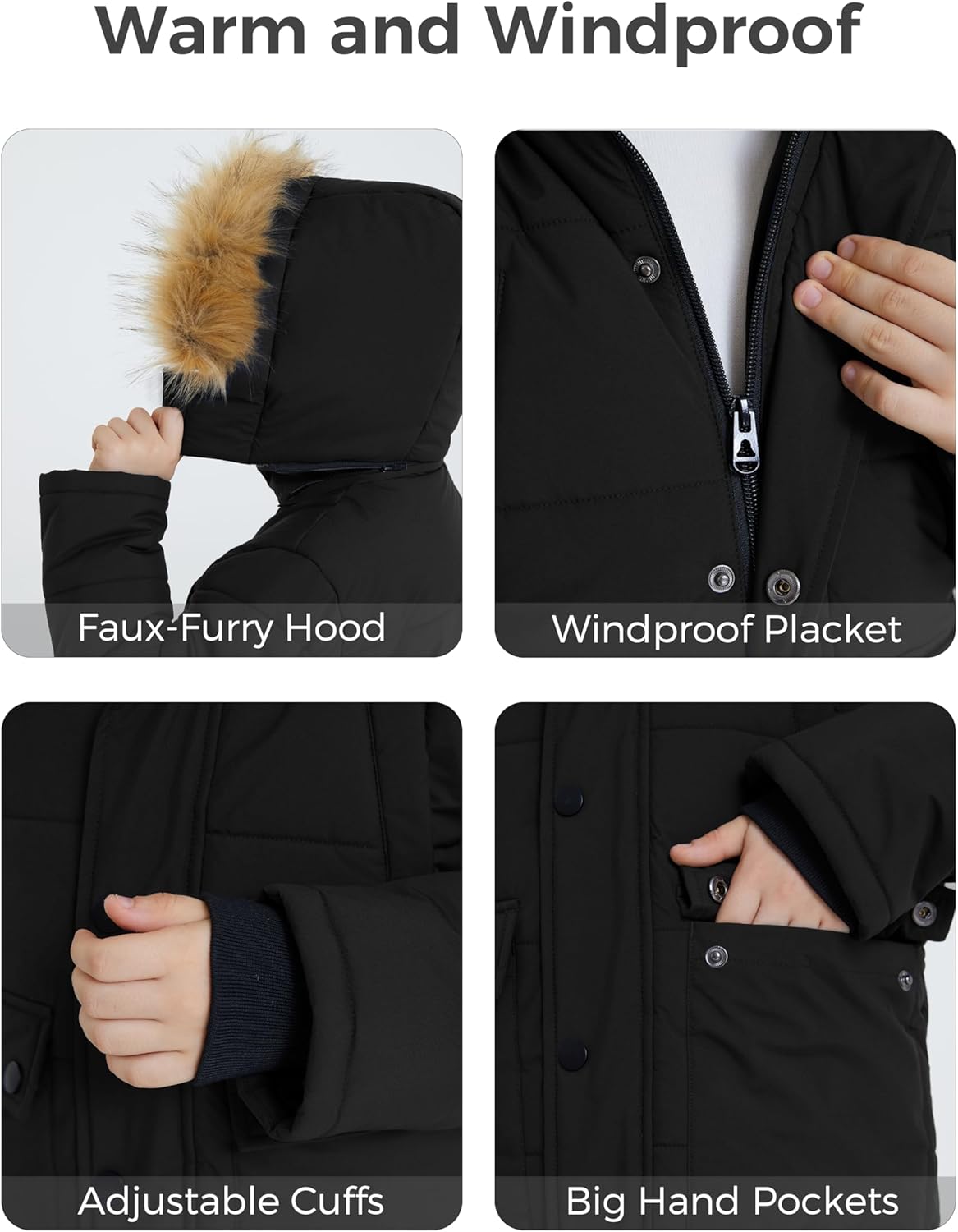 wantdo Jaket Musim Dingin Anak Laki-laki Jaket Panjang Puffer Parka Hangat dengan Tudung Bulu Palsu yang Dapat Dilepas