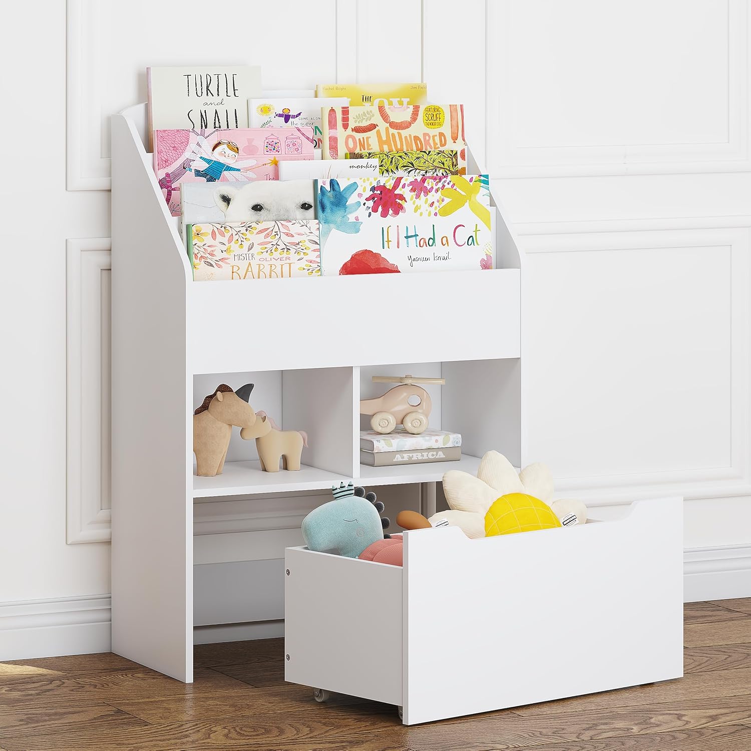 UTEX Bookshelf for Kids, Wooden Book Display, Kids Bookshelf and Toy Storage, Children Book Rack Bookcase Toybox Combo for Bedroom  Nursery, White · v4