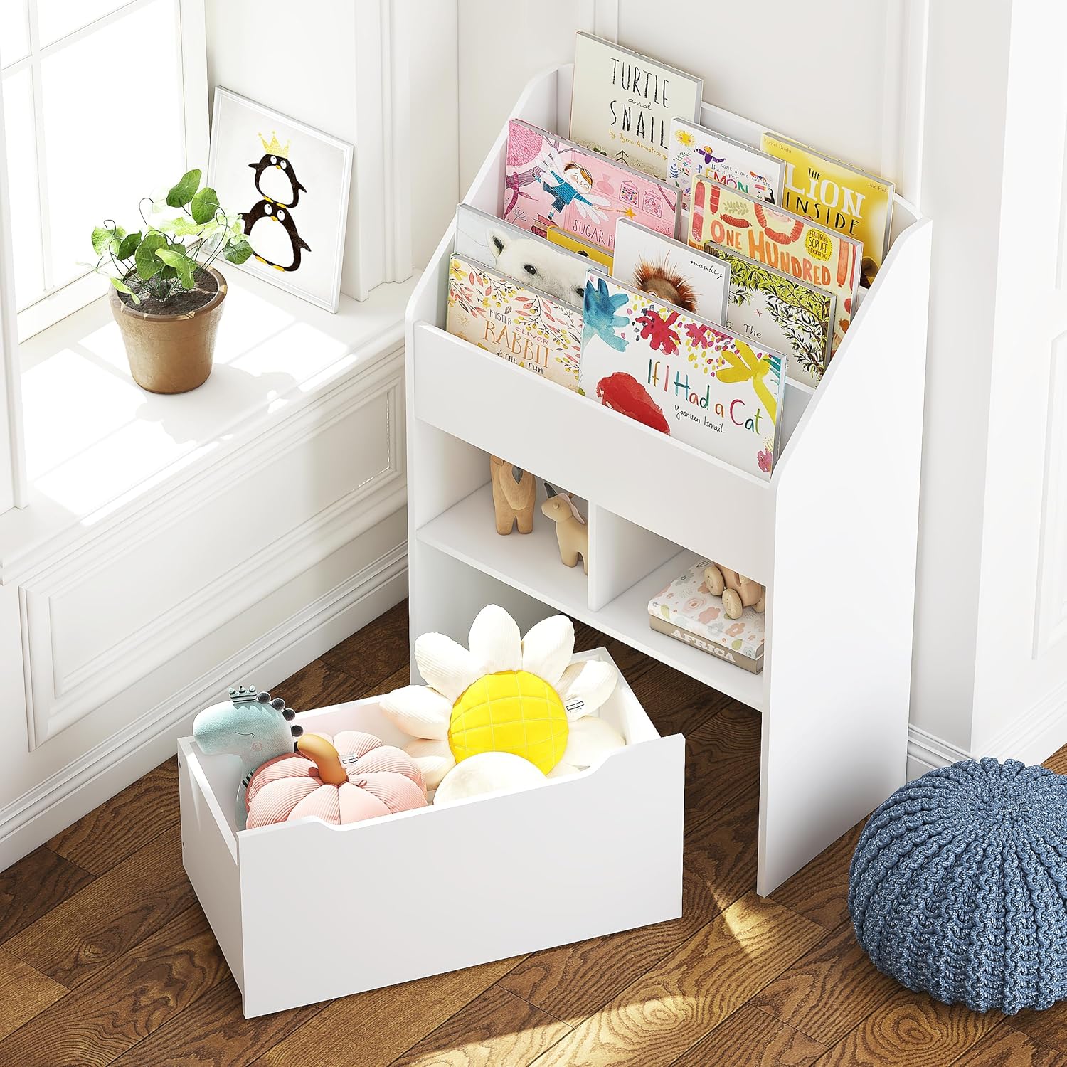 UTEX Bookshelf for Kids, Wooden Book Display, Kids Bookshelf and Toy Storage, Children Book Rack Bookcase Toybox Combo for Bedroom  Nursery, White · v4