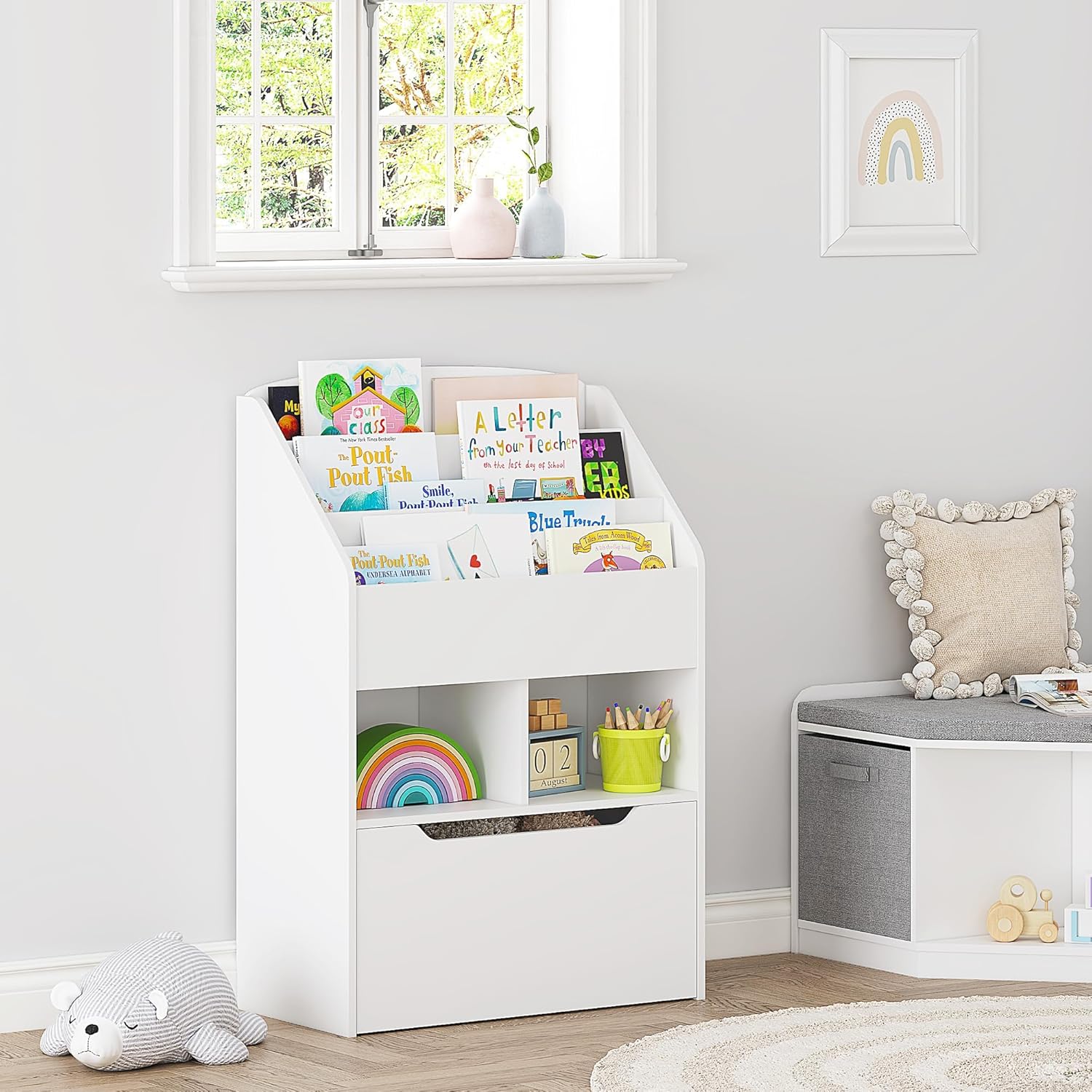 UTEX Bookshelf for Kids, Wooden Book Display, Kids Bookshelf and Toy Storage, Children Book Rack Bookcase Toybox Combo for Bedroom  Nursery, White · v4