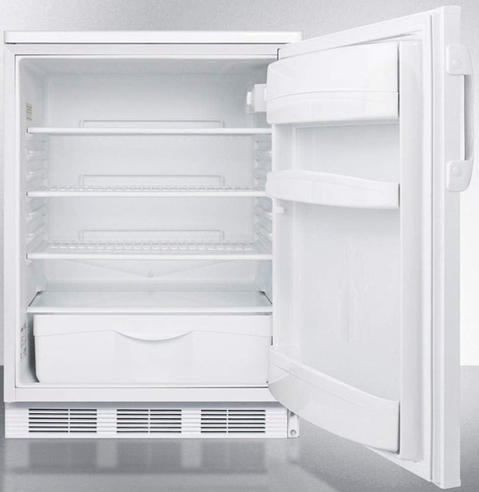 Summit Appliance FF6WBI Einbaukühlschrank unter der Theke, 24 breit, für allgemeine Zwecke, mit automatischer Abtauung, einstellbarem Thermostat, Innenbeleuchtung, verstellbaren Regalen und weißer Außenseite