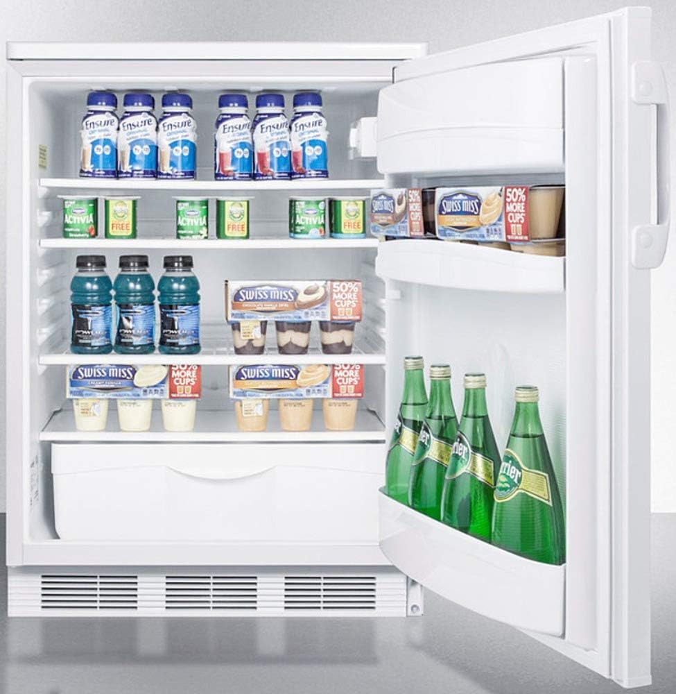 Summit Appliance FF6WBI Einbaukühlschrank unter der Theke, 24 breit, für allgemeine Zwecke, mit automatischer Abtauung, einstellbarem Thermostat, Innenbeleuchtung, verstellbaren Regalen und weißer Außenseite