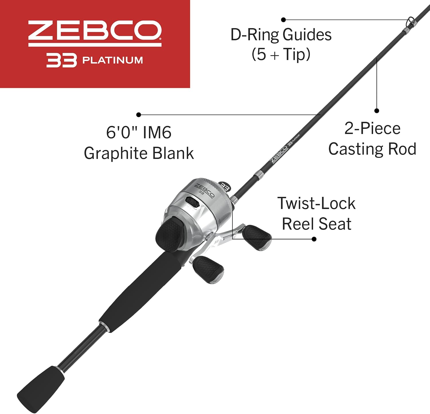 Zebco 33 Platinum Spincast Reel and Fishing Rod Combo, Anti-Reverse Clutch, Silver · v3