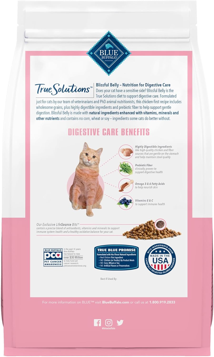 Nourriture sèche naturelle Blue Buffalo True Solutions Blissful Belly Digestive Care pour chats adultes, poulet, 11 livres. Sac