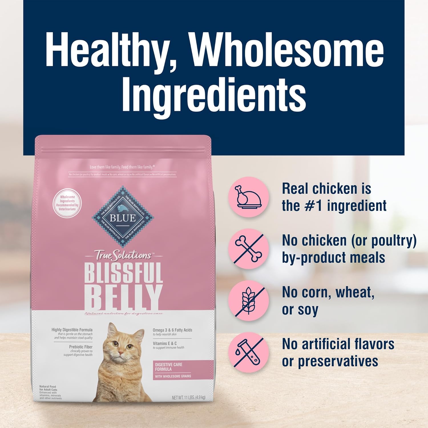 Nourriture sèche naturelle Blue Buffalo True Solutions Blissful Belly Digestive Care pour chats adultes, poulet, 11 livres. Sac