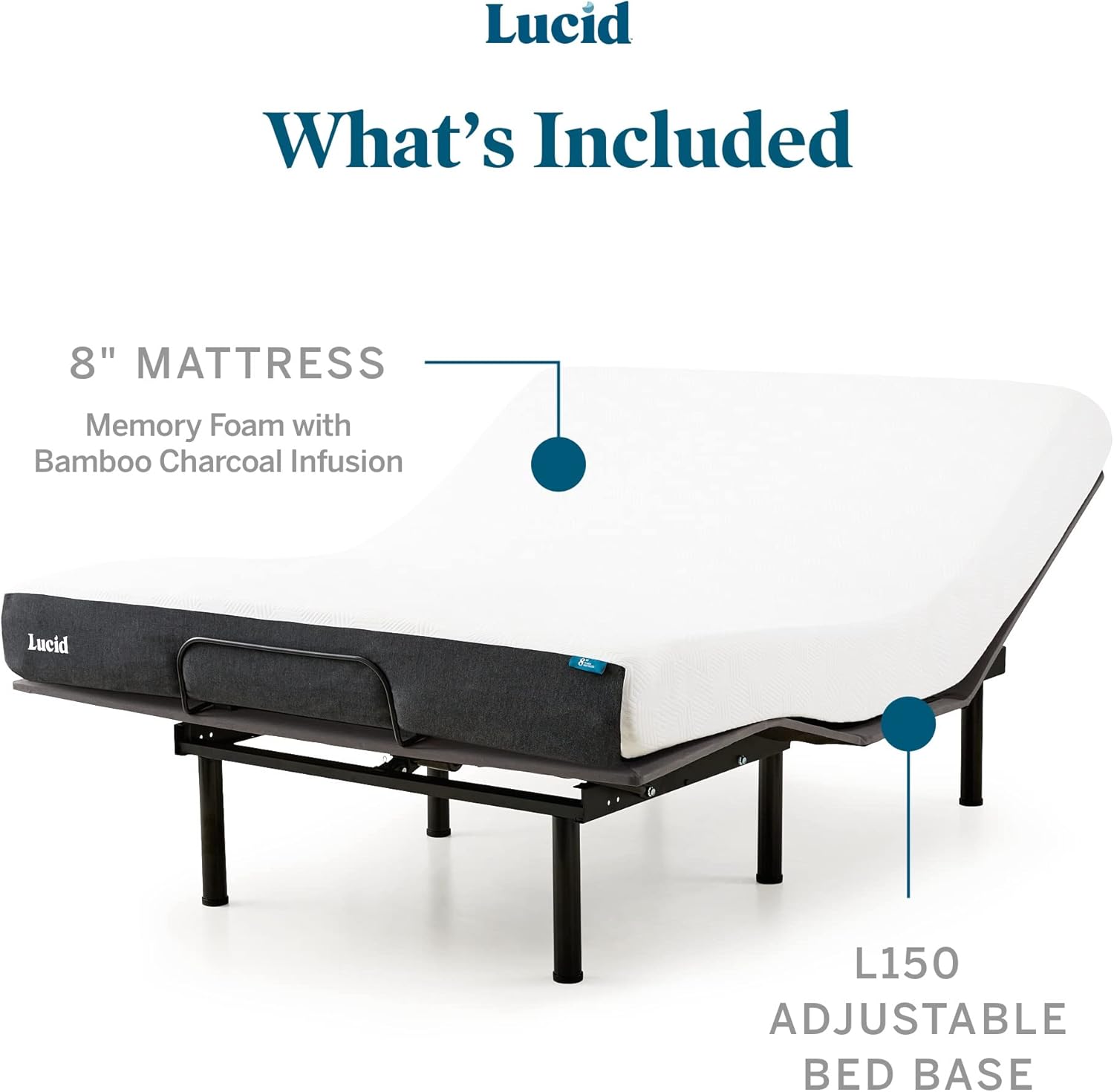 ที่นอนควีนไซส์ LUCID ขนาด 8 นิ้ว พร้อมฐานรองเตียงปรับระดับได้ L150 – ที่นอนเมมโมรี่โฟมเจลเนื้อนุ่ม – สีถ่านไม้ไผ่ – ได้รับการรับรองจาก CertiPUR-US – ประกอบง่าย