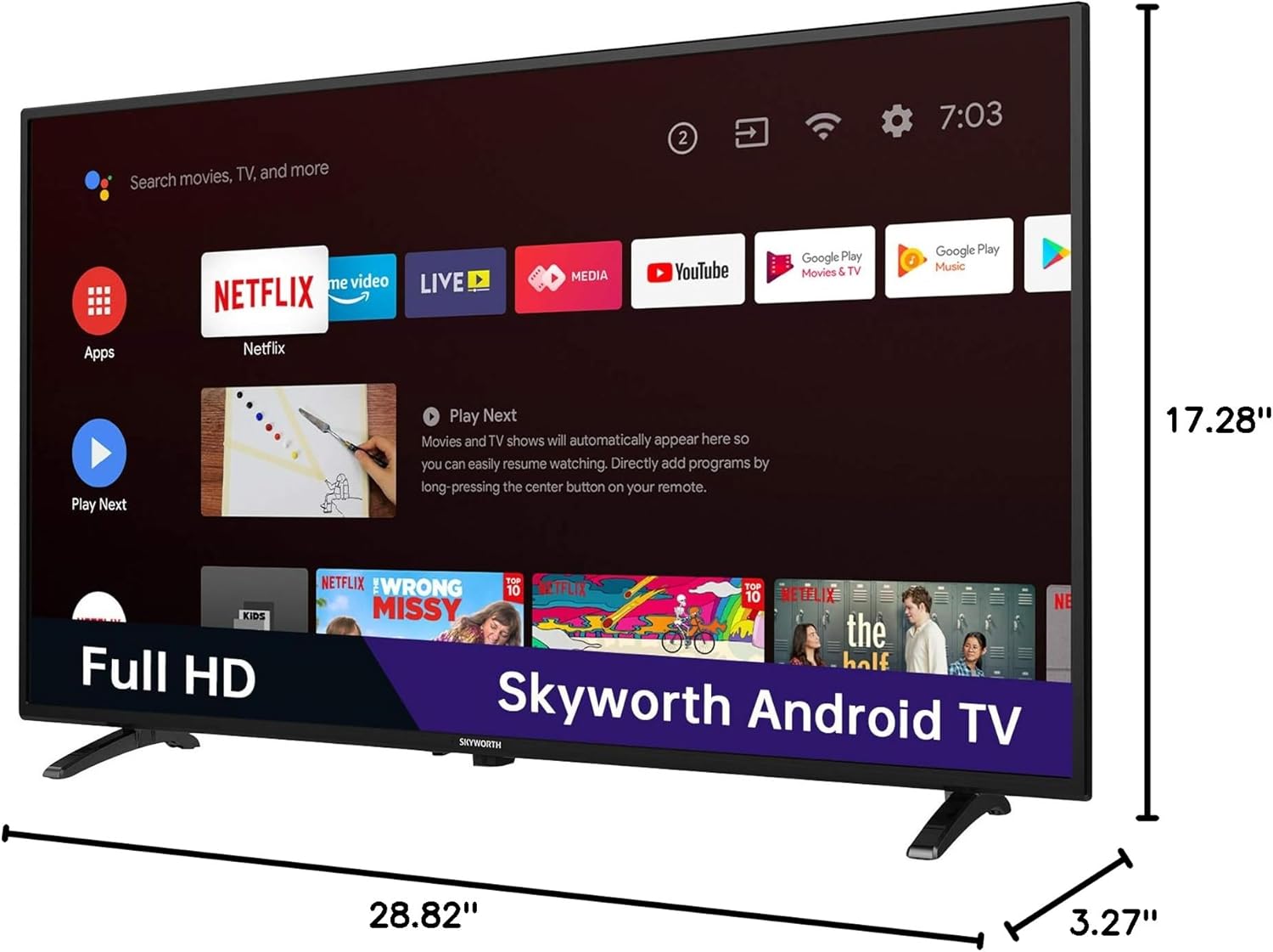 تلفزيون Skyworth الذكي مقاس 32 بوصة، 720 بكسل Roku Google TV مع Chromecast مدمج، تلفزيون LED يعمل بنظام Android لغرفة النوم - S3G