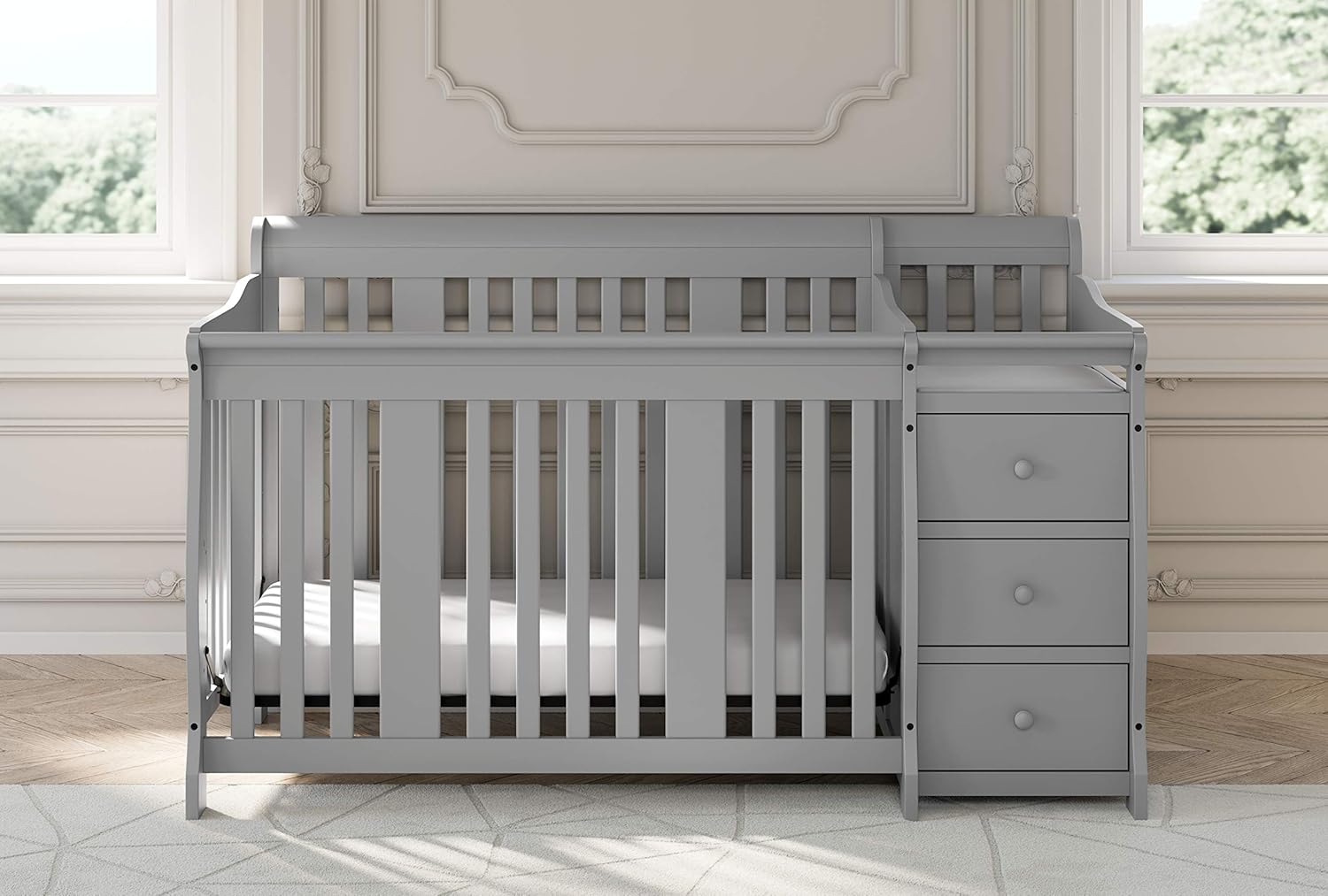 Storkcraft Portofino 5-in-1 Convertible Crib and Changer Combo (Pebble Gray) – Changing-Table with Storage Drawer, Converts to Toddler Full-Size Bed, Daybed