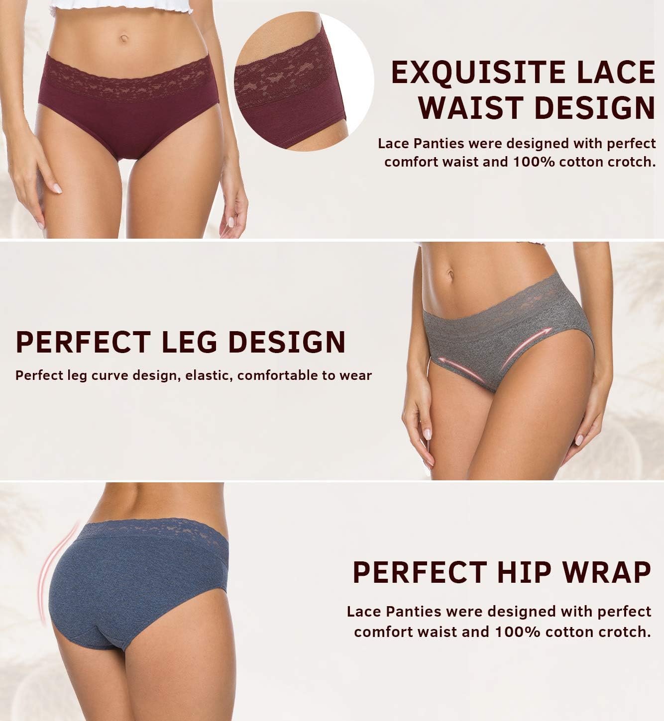Womens Underwear Cotton Panties for Women Underpants Briefs Hipster Lace Bikini 5 Pack