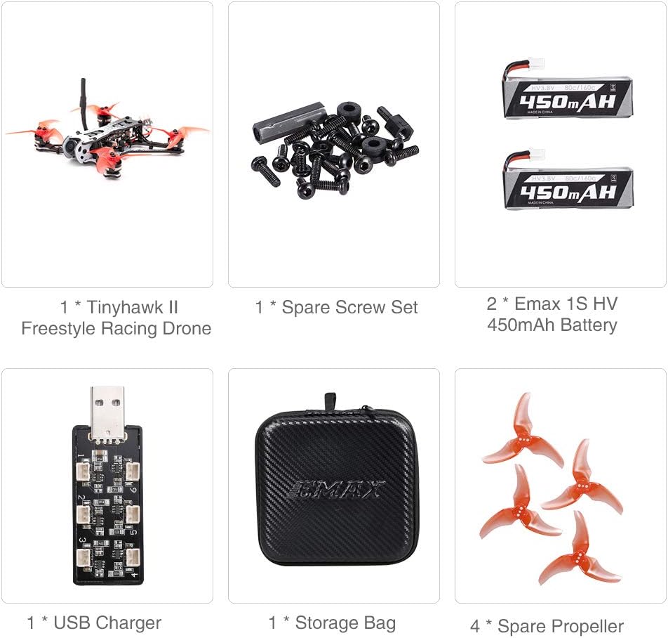 Drone da corsa EMAX Tinyhawk II Freestyle BNF FPV con alta velocità 120 km/h, ESC 5A, motore brushless da 7000 KV, RunCam Nano2 700TVL, 37 canali, potenza VTX 25/100/200 mW