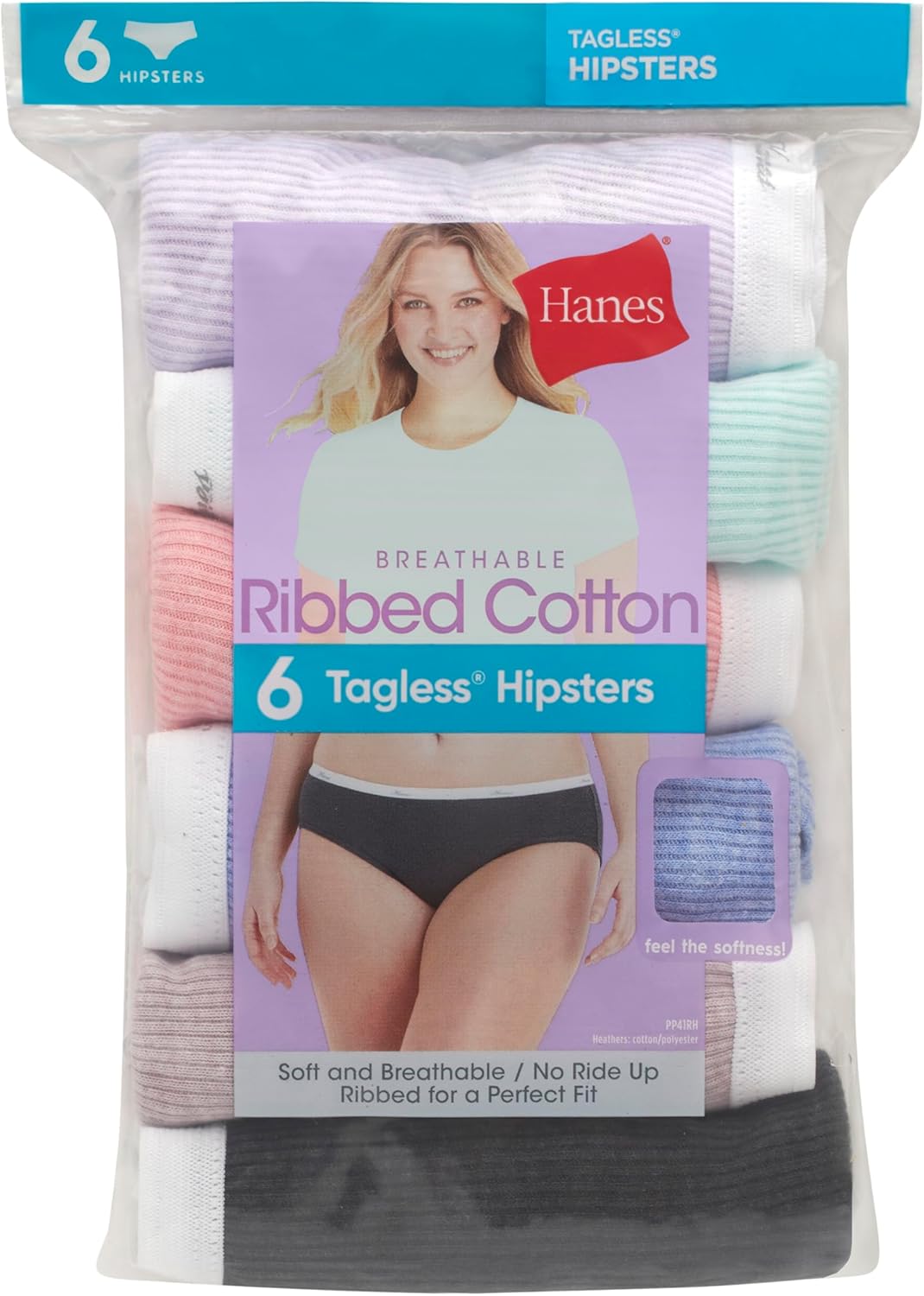Hanes 여성용 리브 코튼 힙스터 속옷 6팩