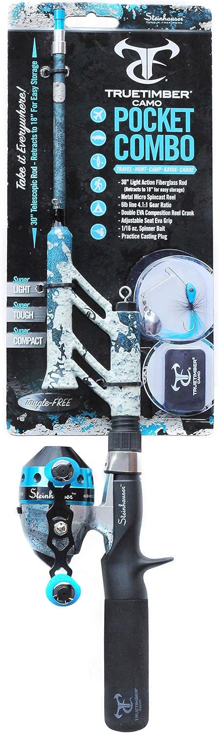 Steinhauser True Timber Rift Pocket Combo | 30 Light Action Fiberglass No Tangle Rod | Micro Spincast Reel w/ 4.1:1 Gear Ratio | Spinner Bait | Blue · v3