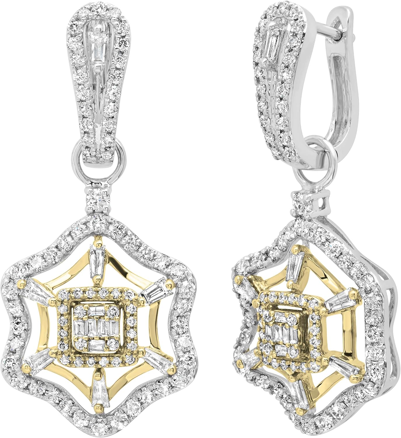 Collezione Dazzlingrock Orecchini pendenti a forma di baguette rotondi da 2,36 Cttw con diamante bianco a forma di baguette da donna in oro massiccio 18 carati