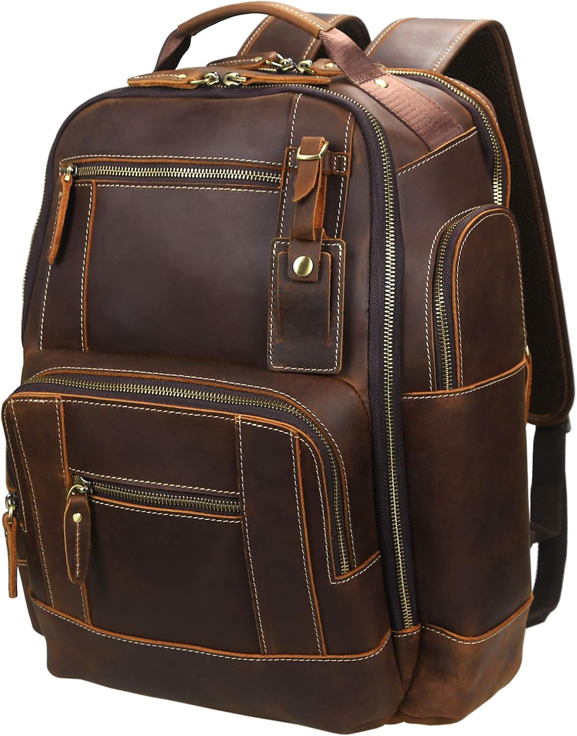 LANNSYNE Mens Vintage Full Grain Leather 15.6 Inch Laptop Backpack Camping Travel 24L Rucksack · v3