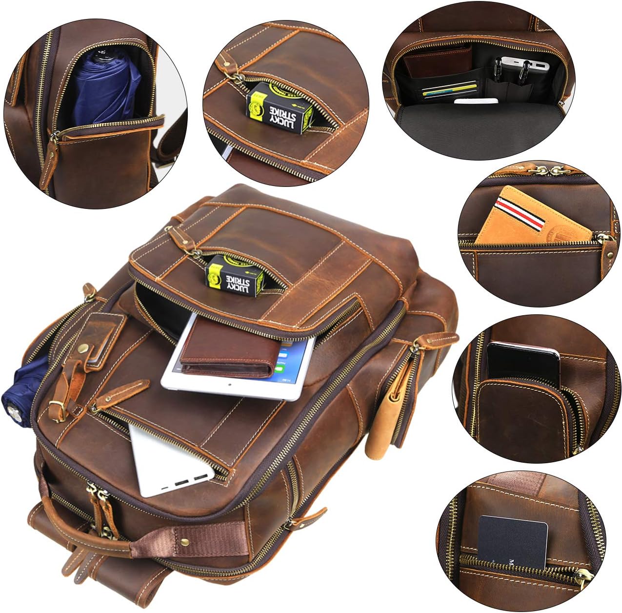 LANNSYNE Mens Vintage Full Grain Leather 15.6 Inch Laptop Backpack Camping Travel 24L Rucksack · v3