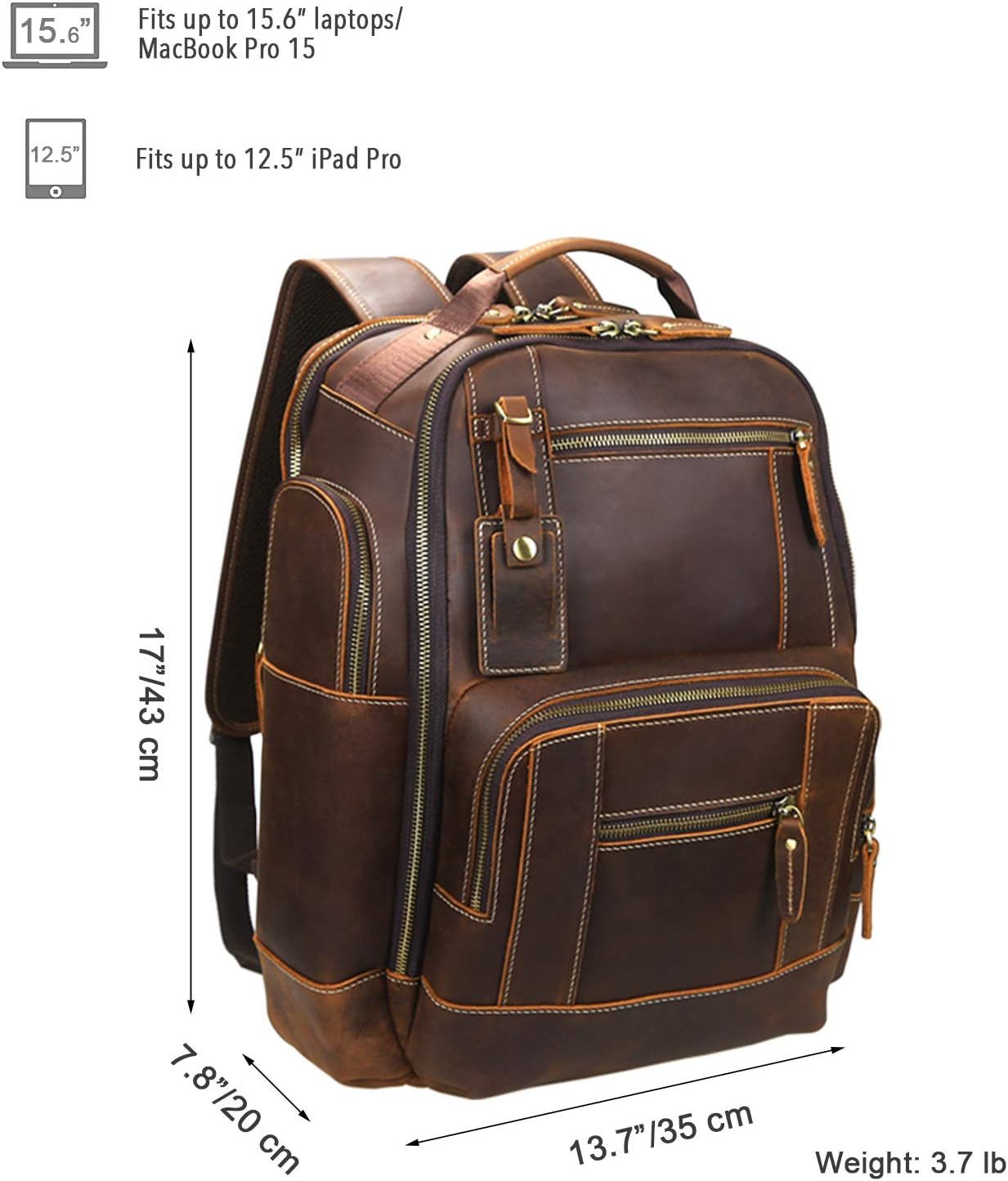 LANNSYNE Mens Vintage Full Grain Leather 15.6 Inch Laptop Backpack Camping Travel 24L Rucksack · v3