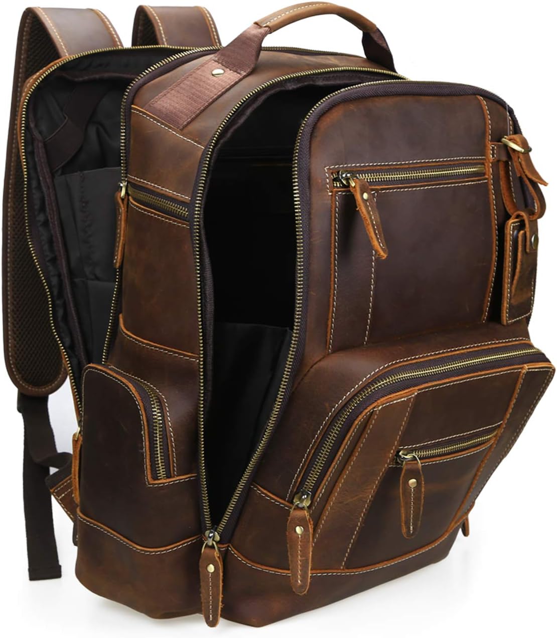 LANNSYNE Mens Vintage Full Grain Leather 15.6 Inch Laptop Backpack Camping Travel 24L Rucksack · v3