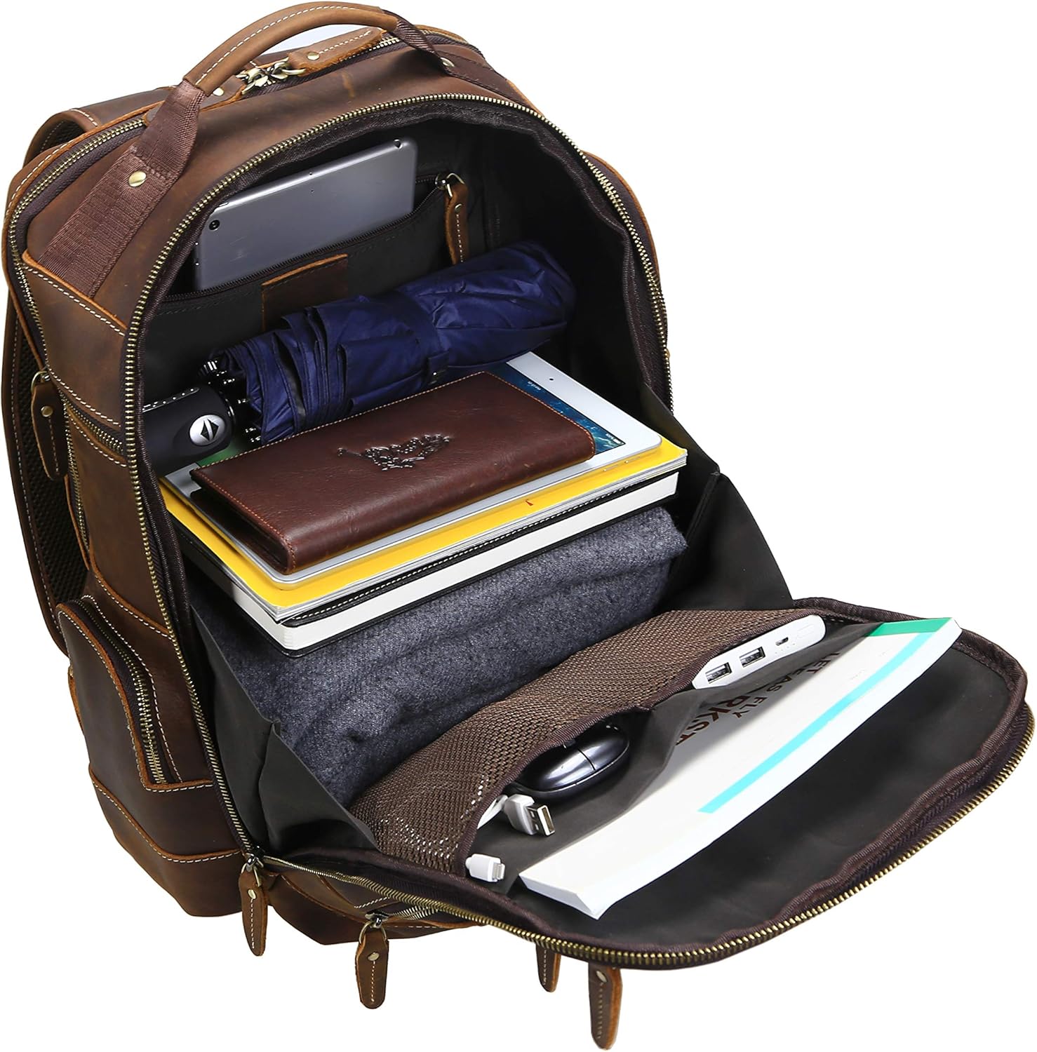 LANNSYNE Mens Vintage Full Grain Leather 15.6 Inch Laptop Backpack Camping Travel 24L Rucksack · v3