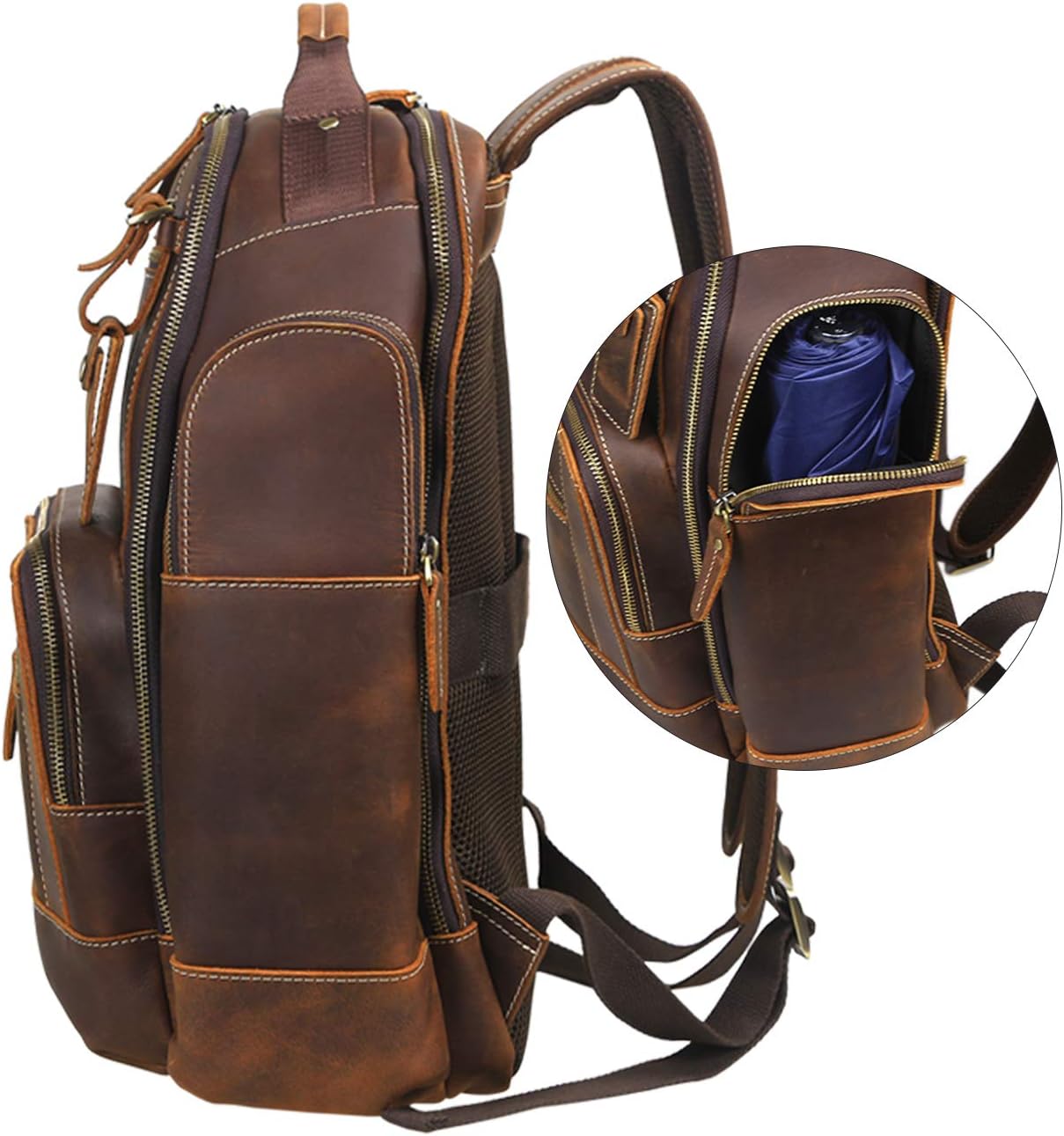 LANNSYNE Mens Vintage Full Grain Leather 15.6 Inch Laptop Backpack Camping Travel 24L Rucksack · v3