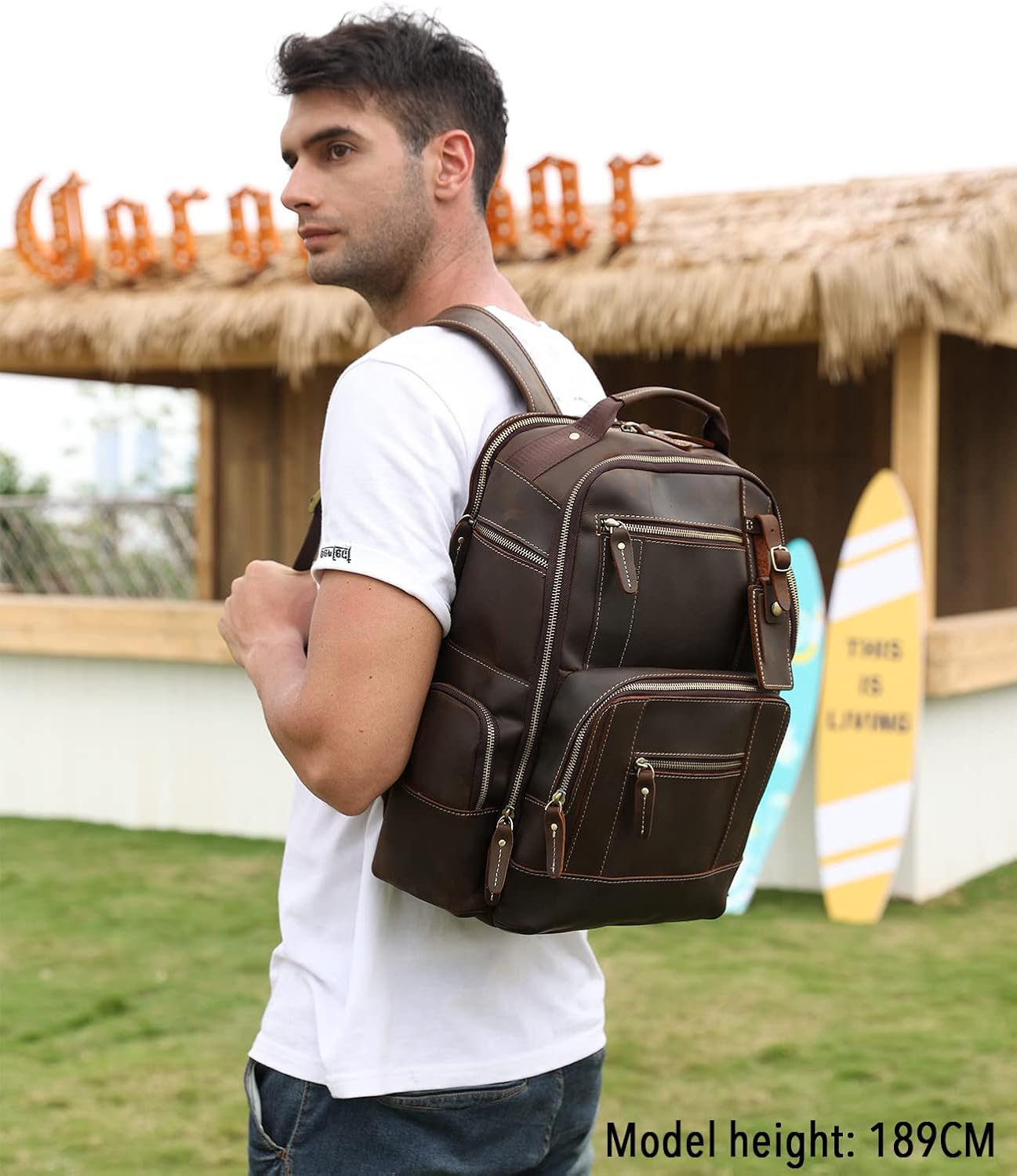 LANNSYNE Mens Vintage Full Grain Leather 15.6 Inch Laptop Backpack Camping Travel 24L Rucksack · v3