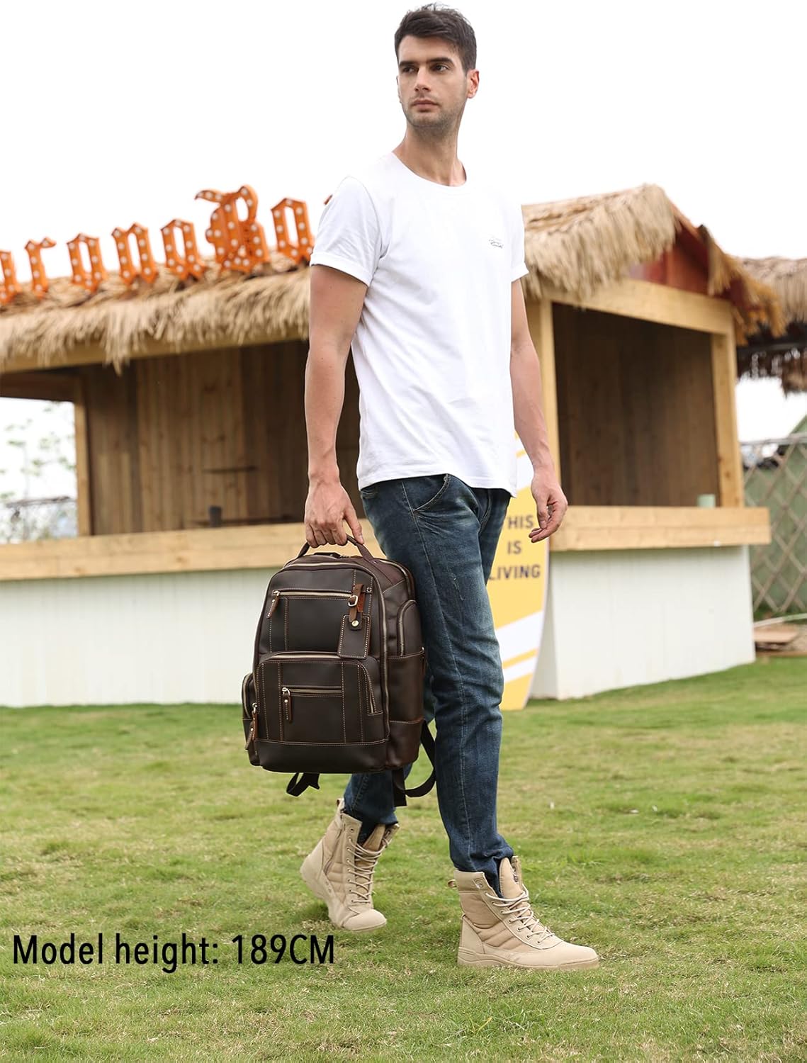 LANNSYNE Mens Vintage Full Grain Leather 15.6 Inch Laptop Backpack Camping Travel 24L Rucksack · v3