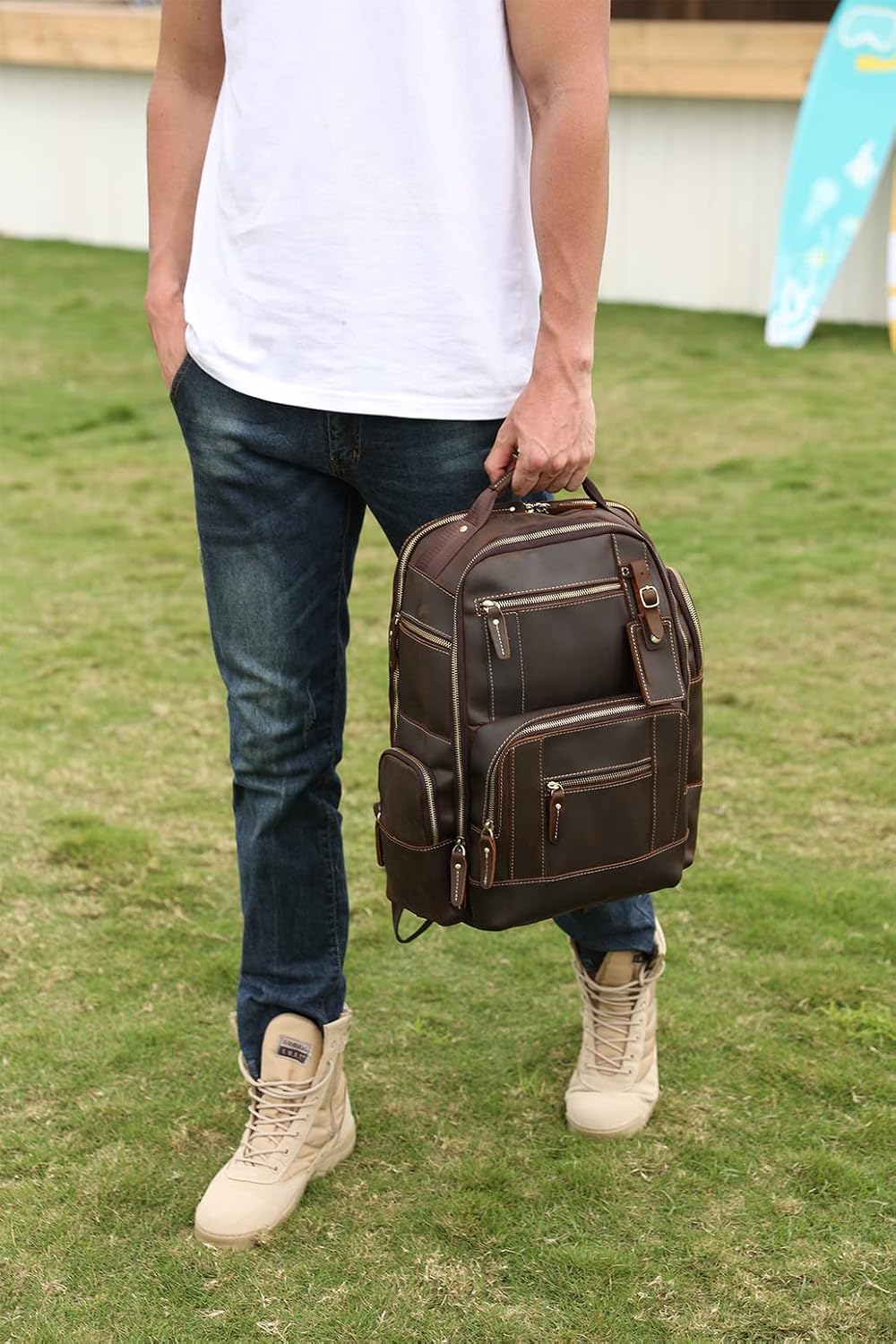 LANNSYNE Mens Vintage Full Grain Leather 15.6 Inch Laptop Backpack Camping Travel 24L Rucksack · v3