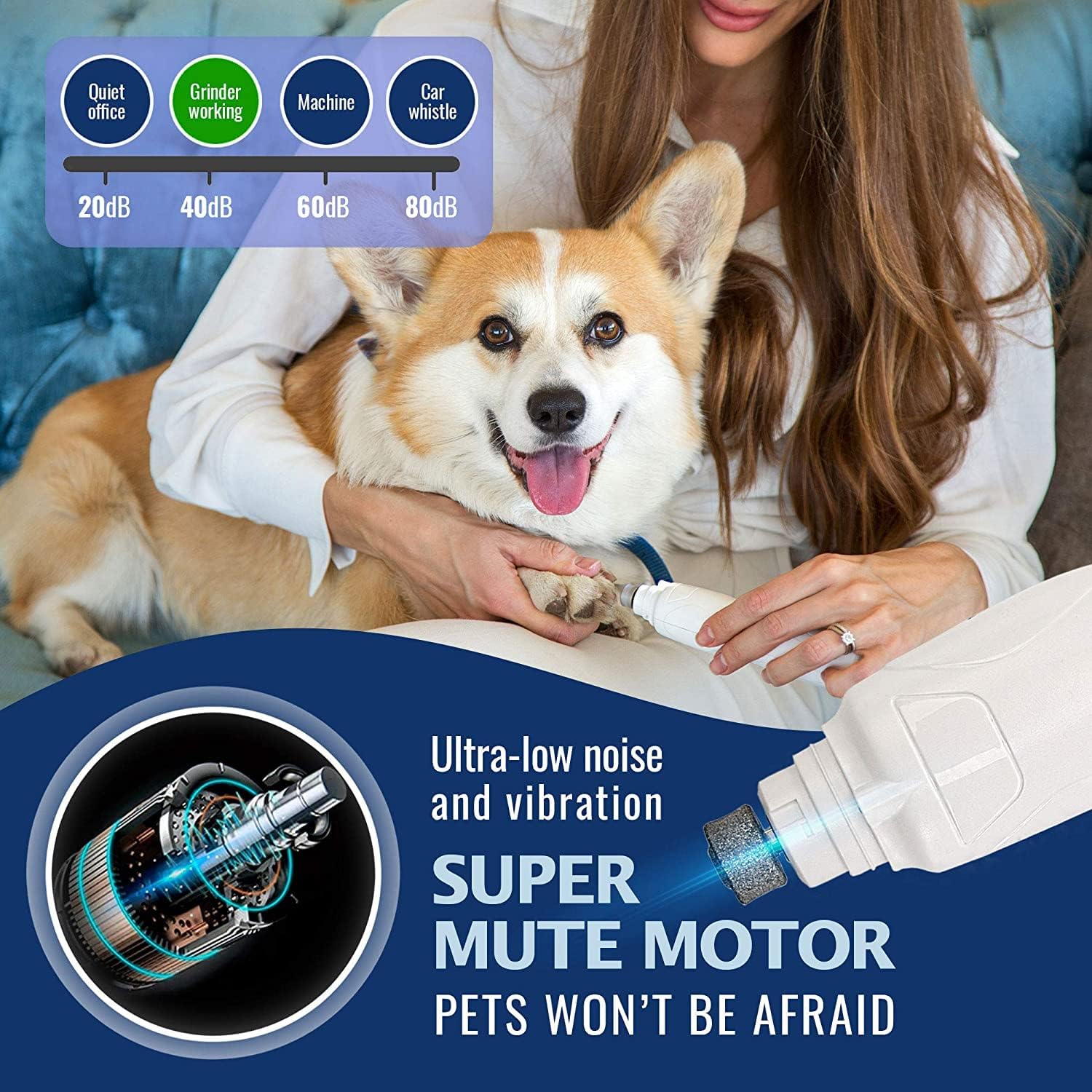 Smerigliatrice per unghie per cani e gatti - Tagliaunghie elettrico ricaricabile per animali domestici - Toelettatura indolore per zampe - Motore silenzioso a 2 velocità. 3 porte di dimensioni per animali domestici di piccola, media e grande taglia - Fino a 4 ore di ricarica